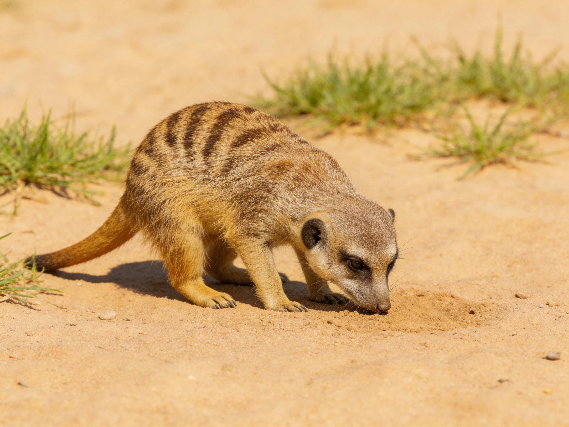 A striped meerkat inspects sandy soil near small grassy patches
