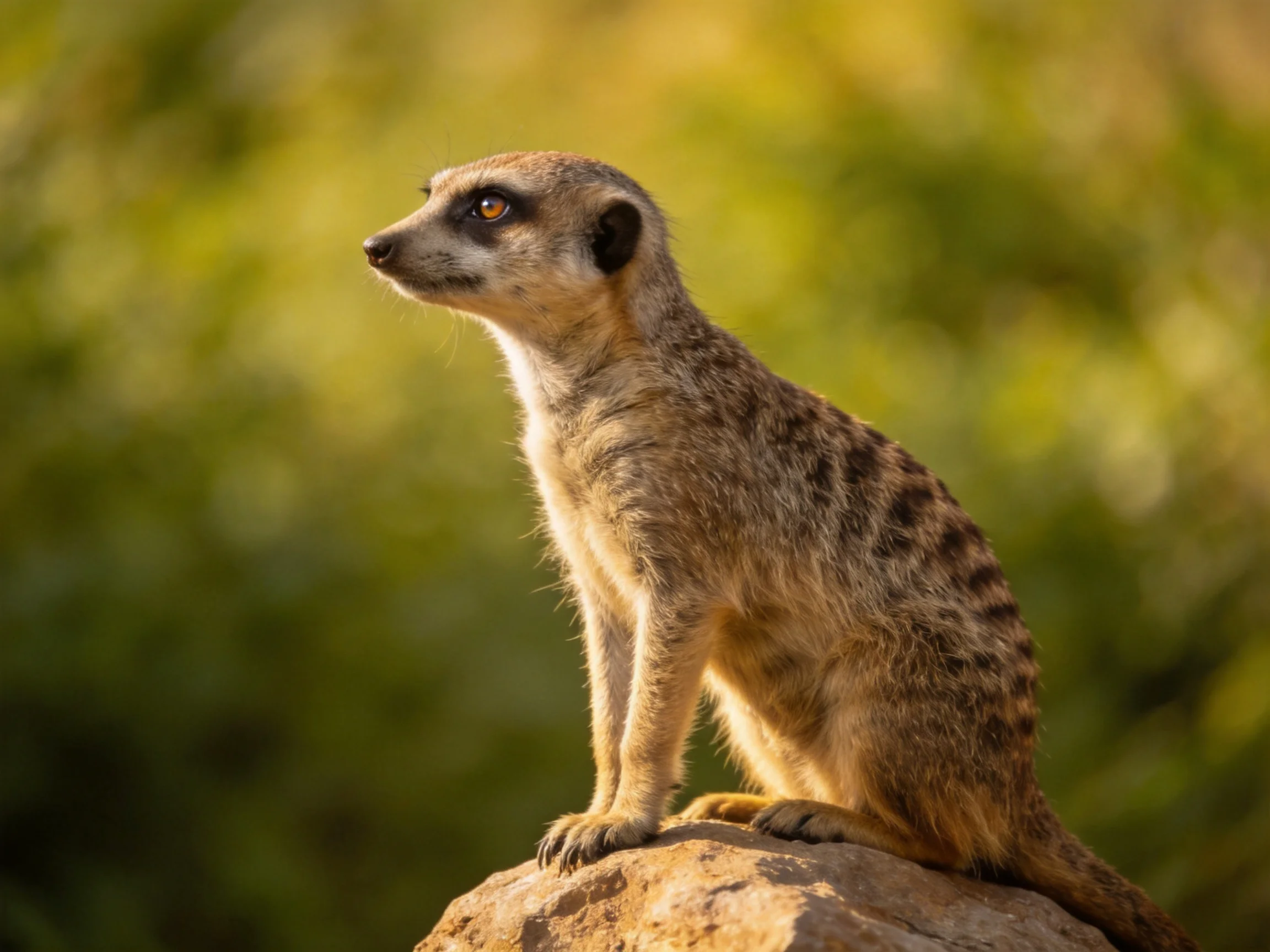 A striped meerkat sits alertly on a rock with green surroundings