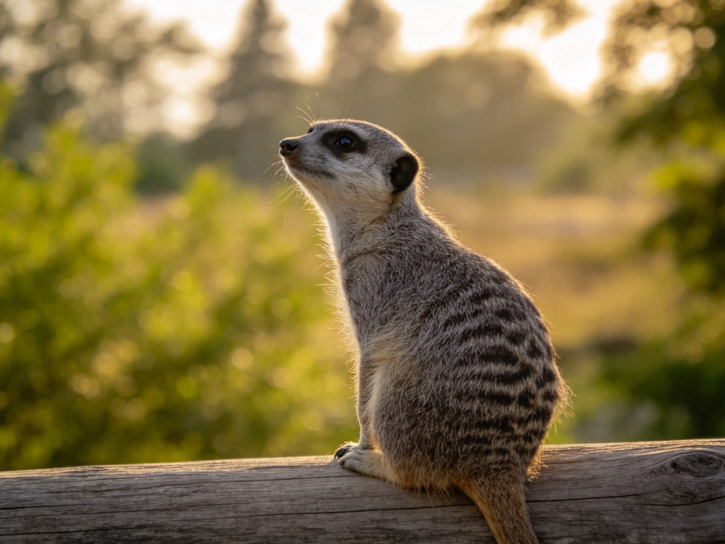 A striped meerkat sits on a weathered wooden log