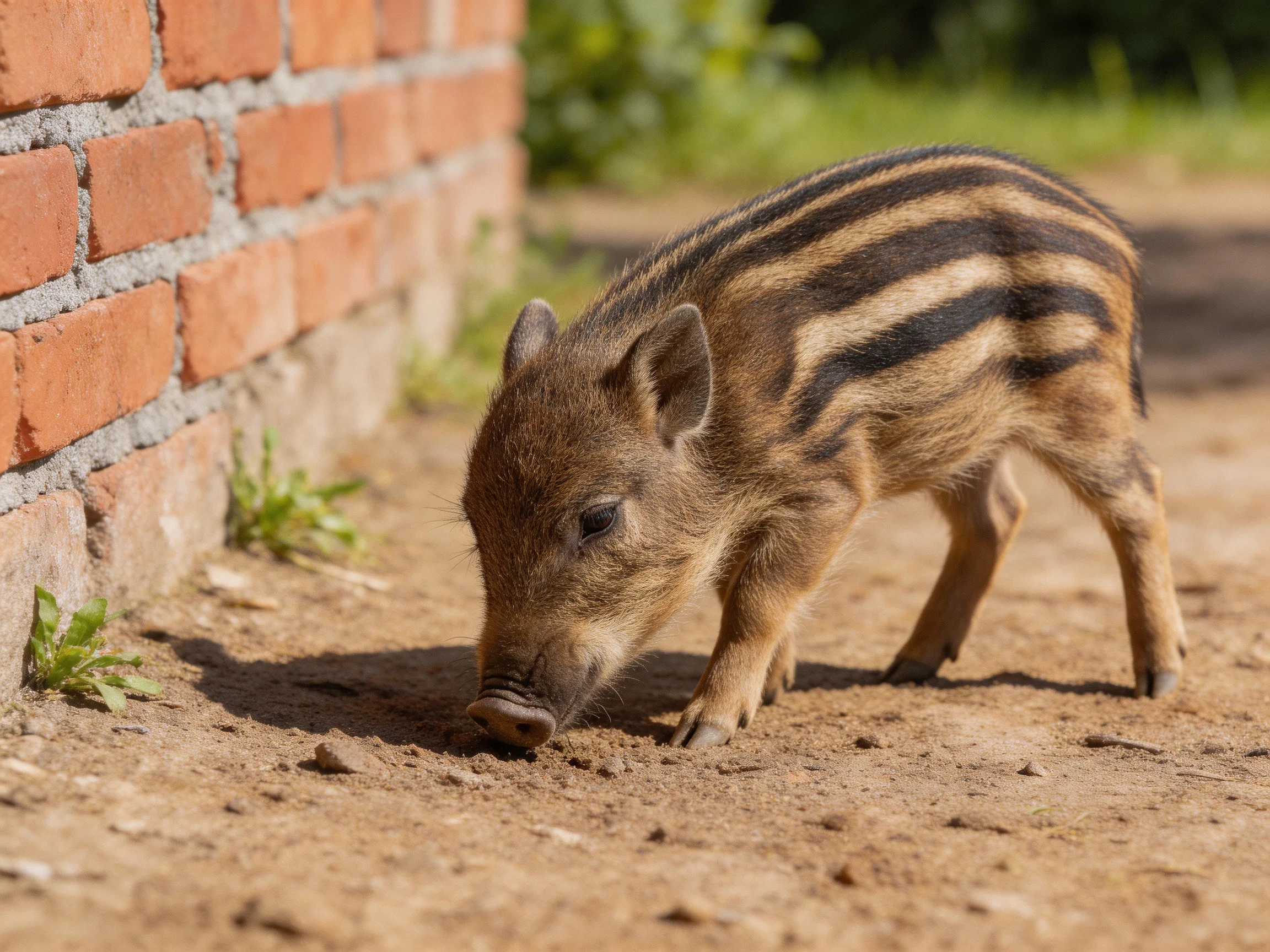 A striped piglet explores dirt ground beside a red brick wall