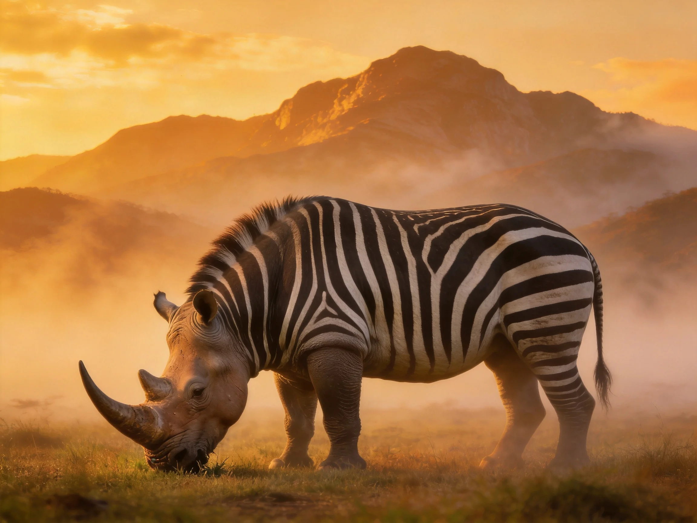 A striped rhinoceros grazes near misty mountains at golden hour