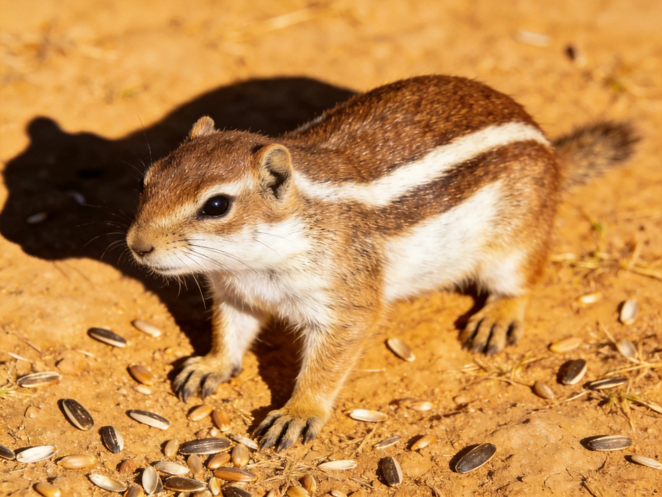 A striped squirrel stands among scattered seeds on sandy ground