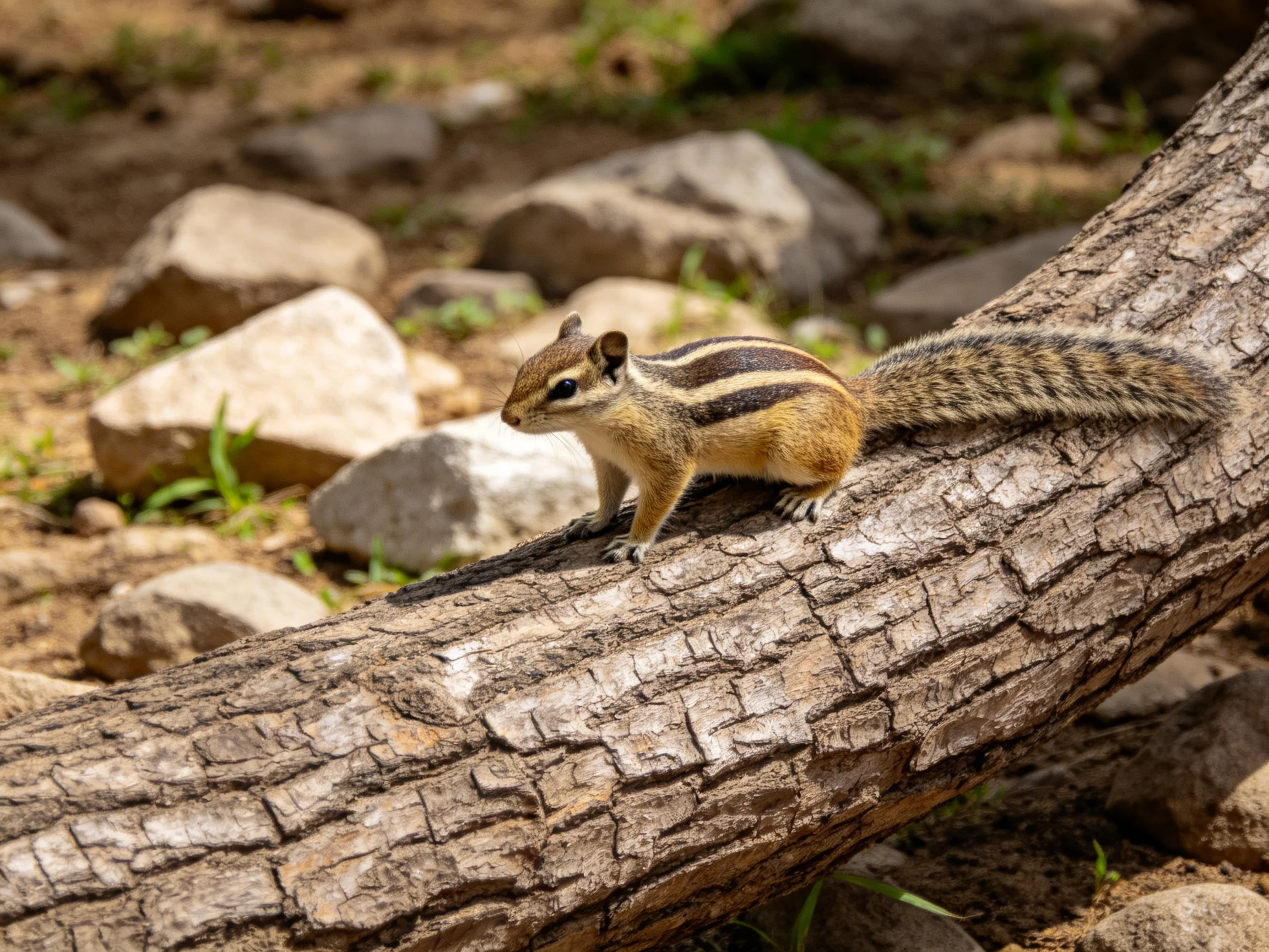 A striped squirrel perches on a weathered tree trunk near rocky terrain