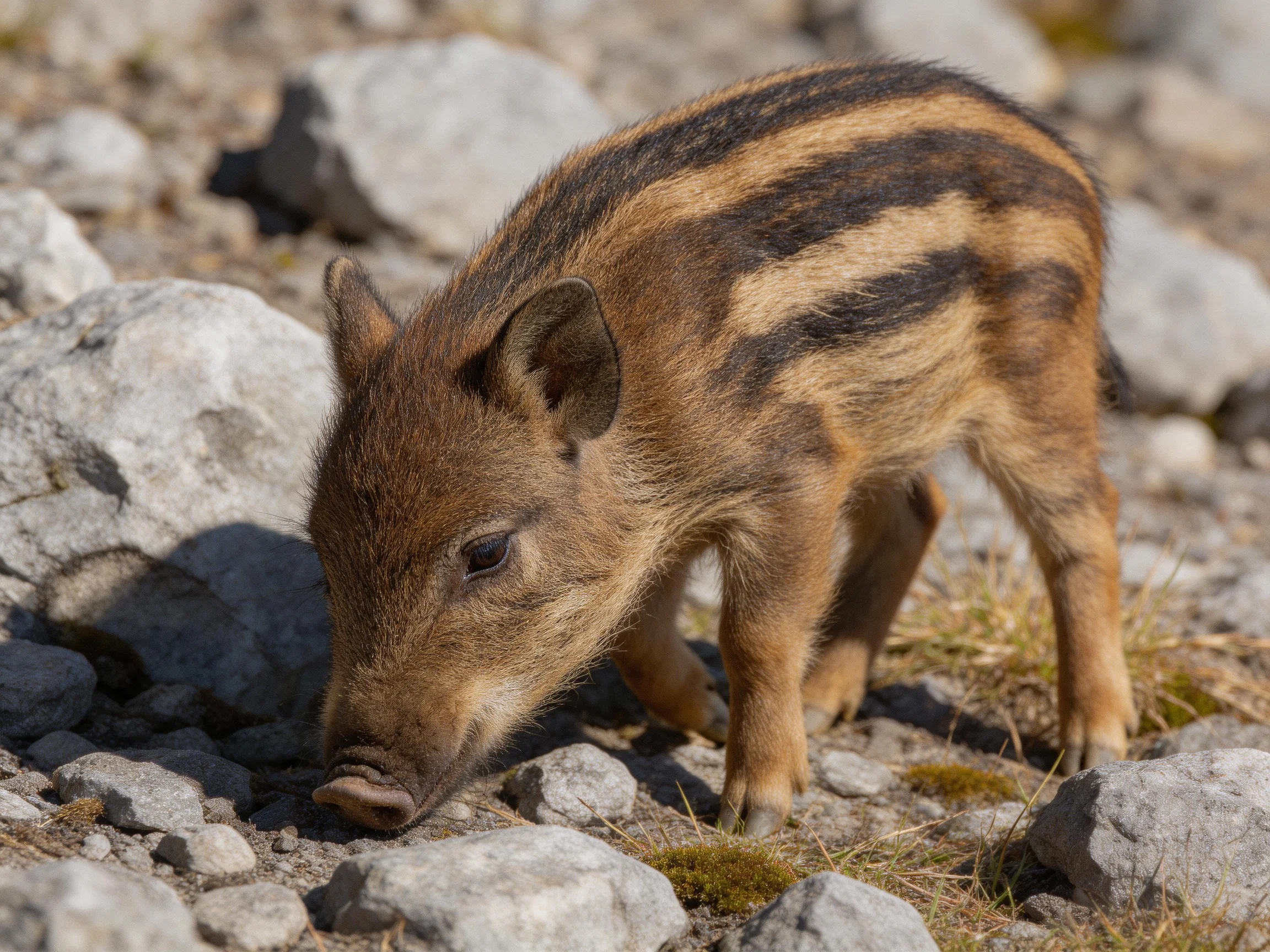 A striped young boar forages amid scattered gray rocks
