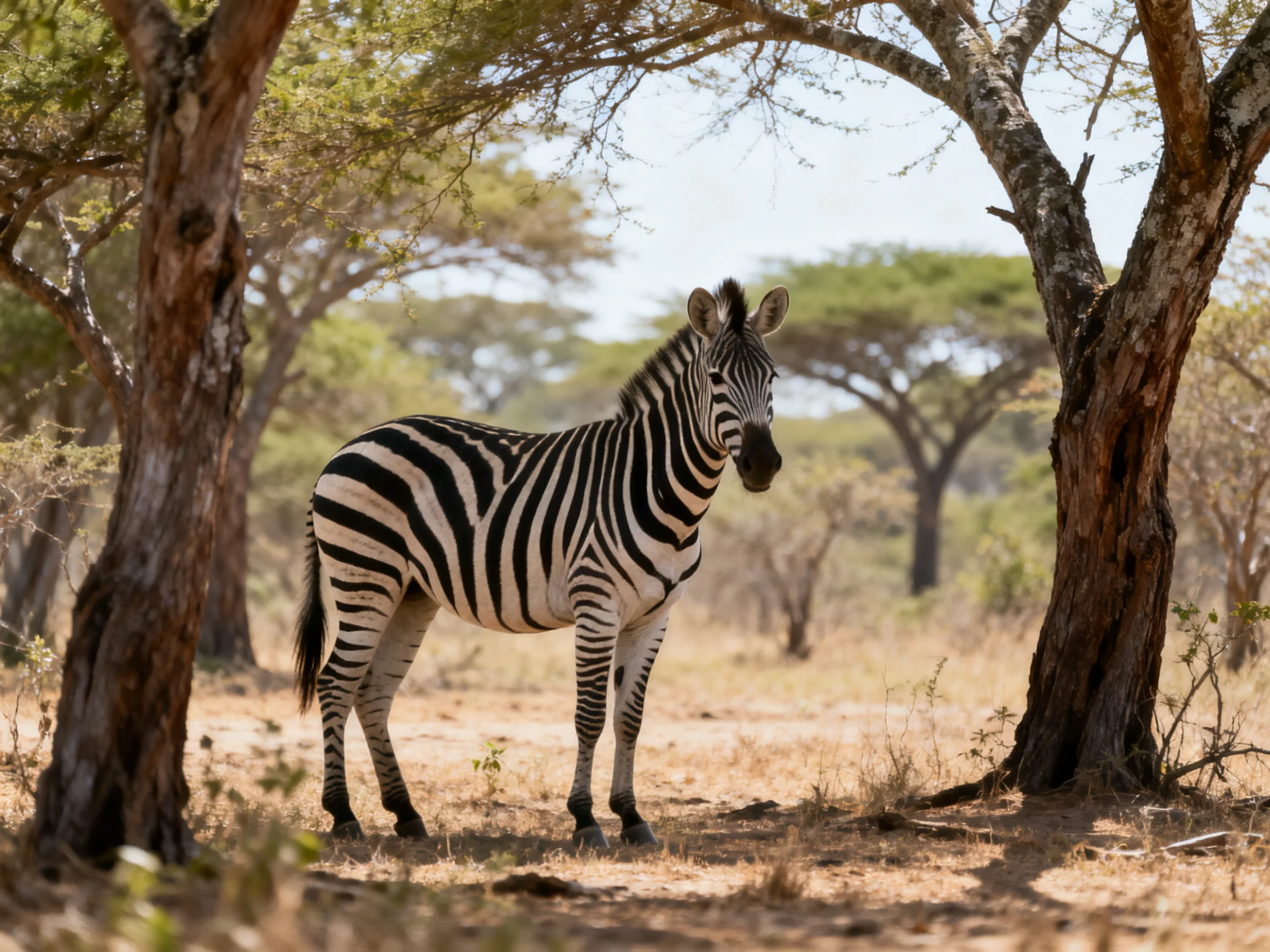A striped zebra stands near large acacia trees in a sunlit savannah