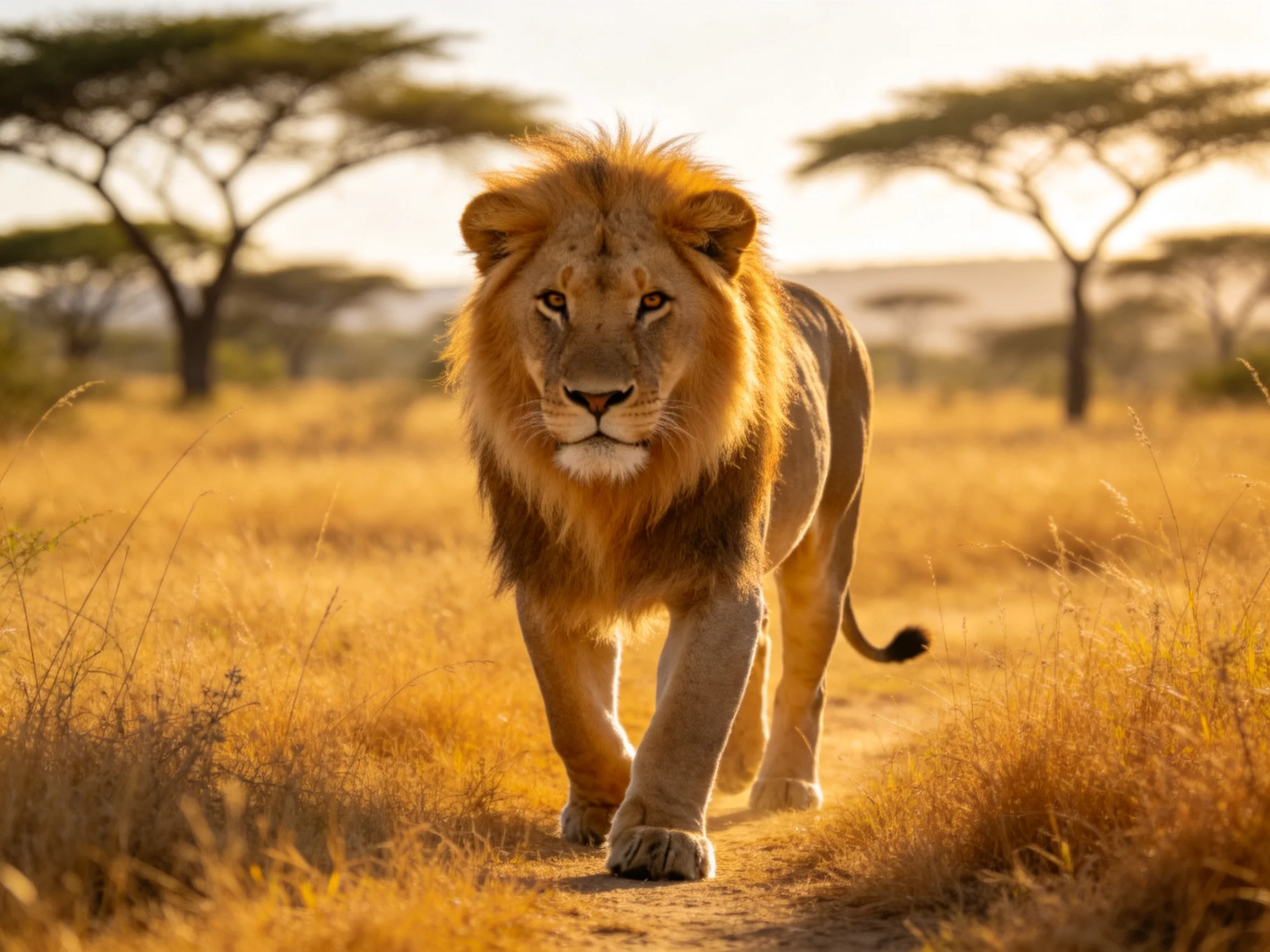 A strong male lion roams golden savannah with acacia trees
