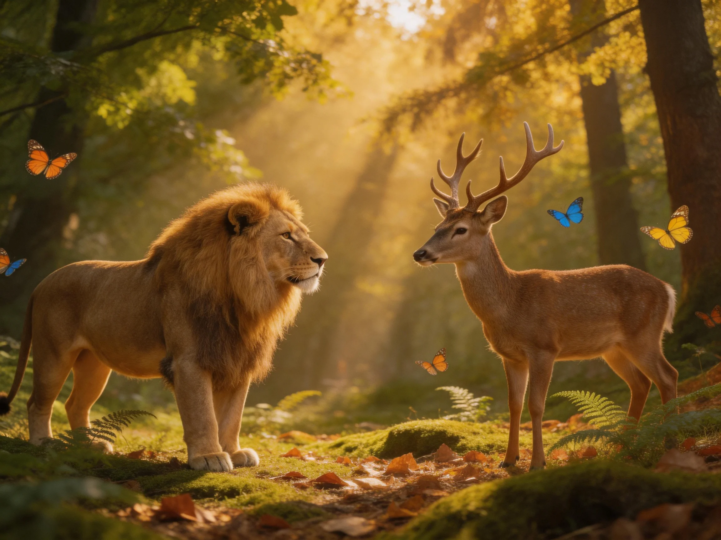 A sun-drenched forest with a lion, deer, and colorful butterflies