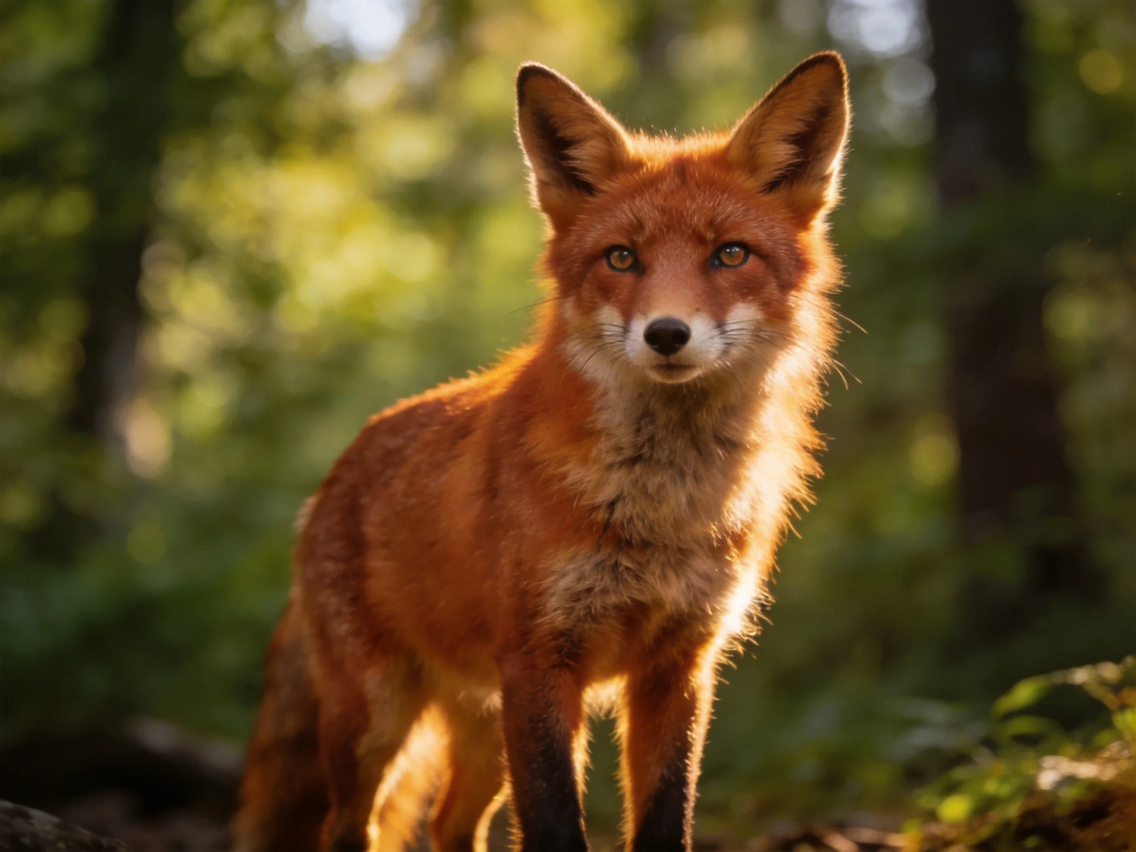 A vivid orange fox stands in a sunlit woodland.