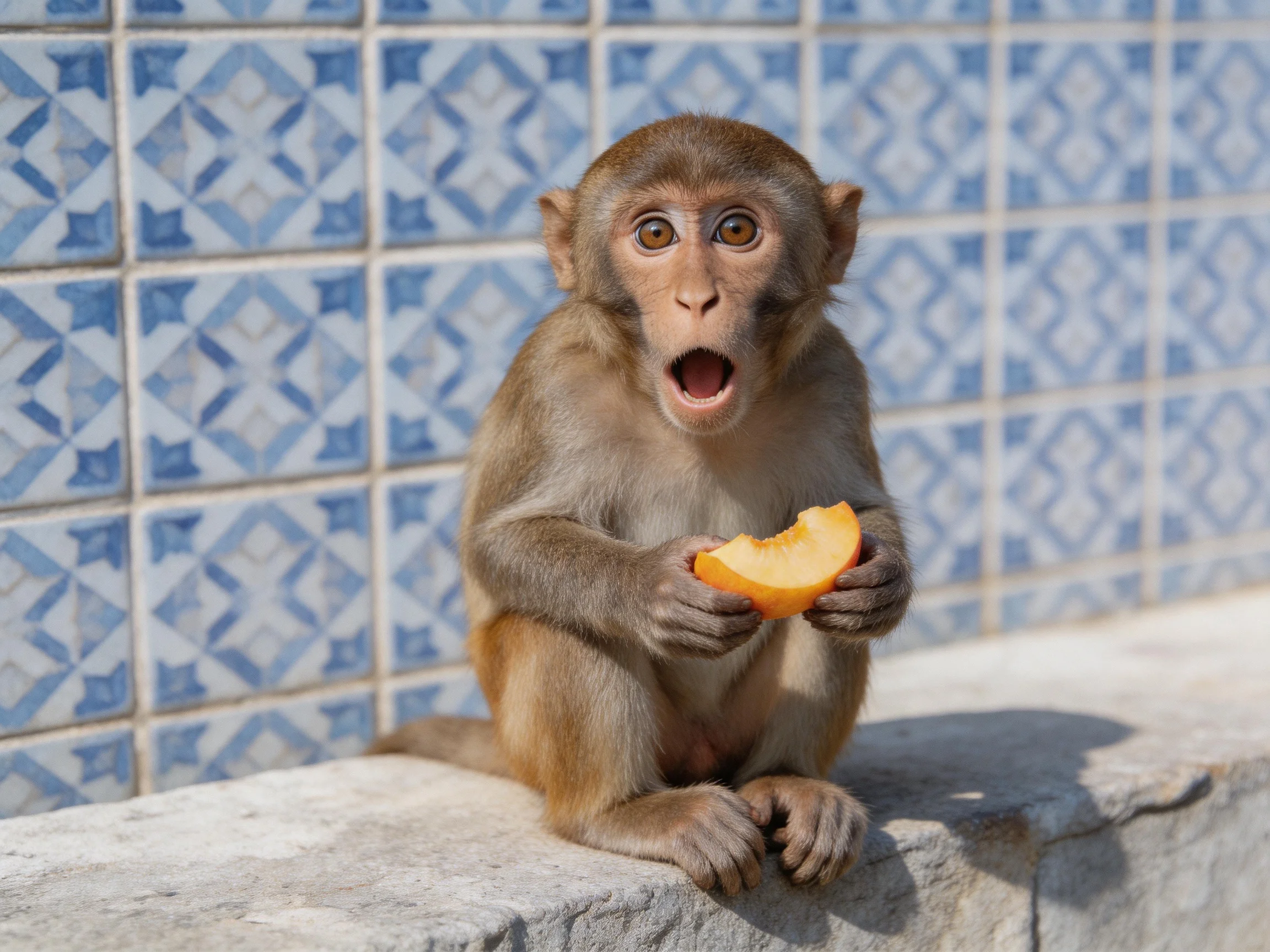 A surprised monkey eating orange fruit by blue patterned tiles