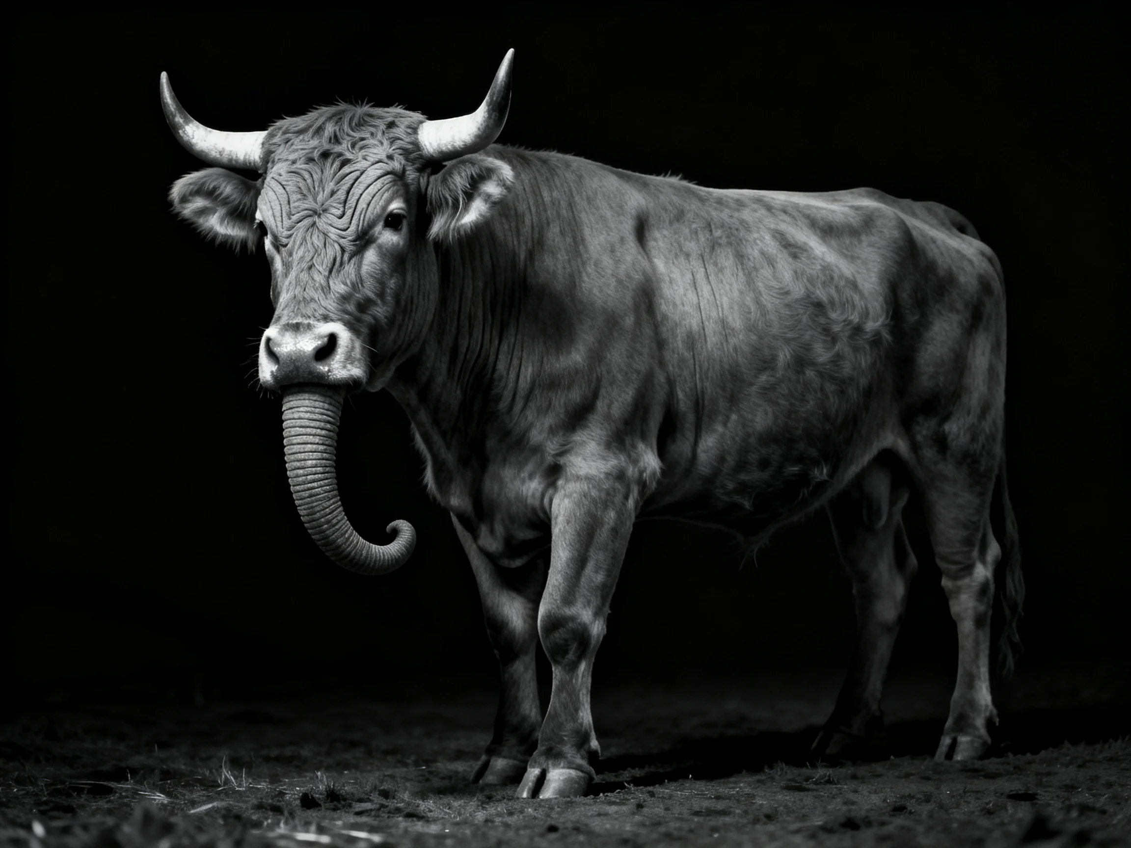 A surreal black-and-white bull with an elephant-like trunk