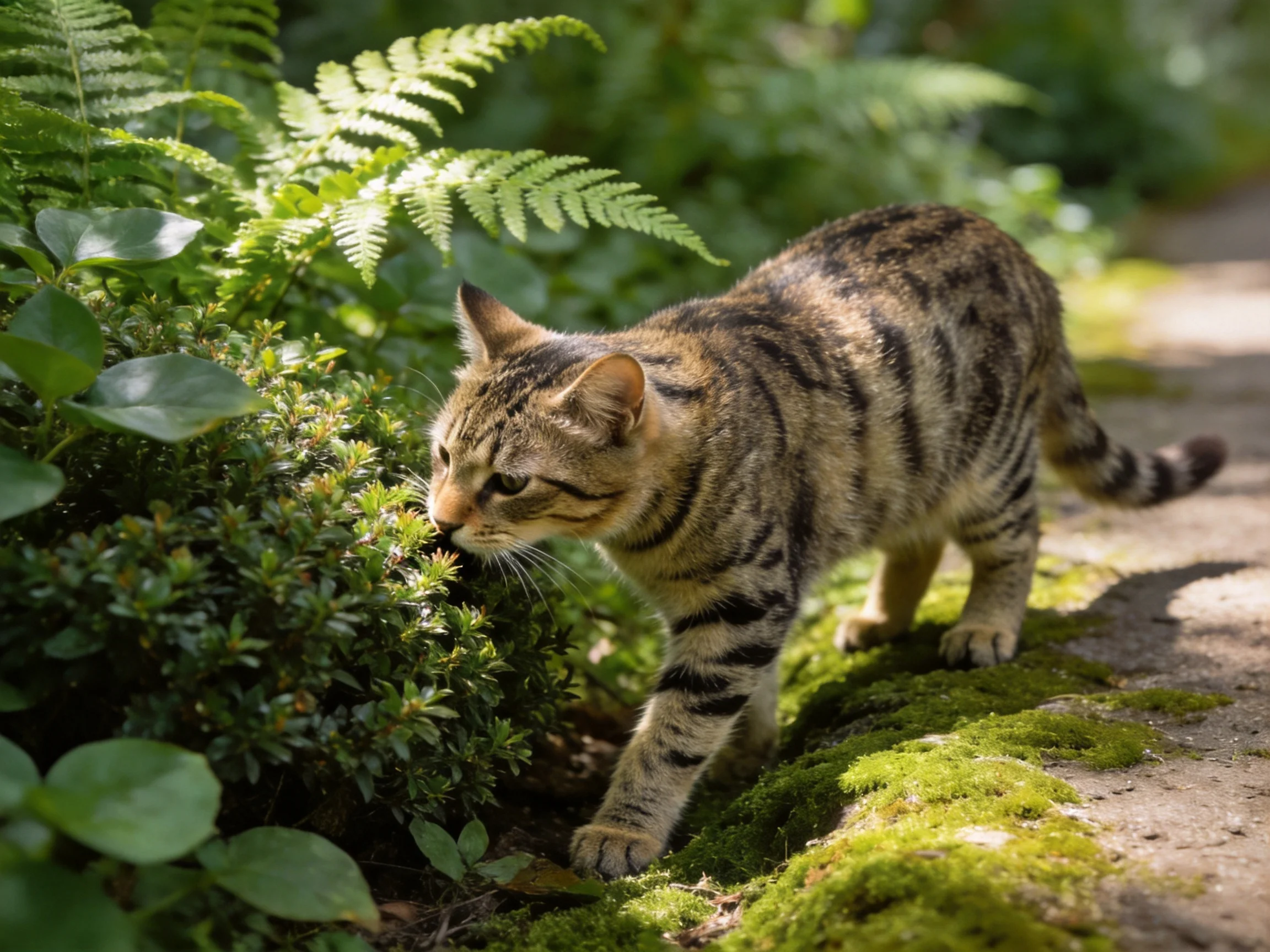 A tabby cat explores lush greenery near a moss-covered path