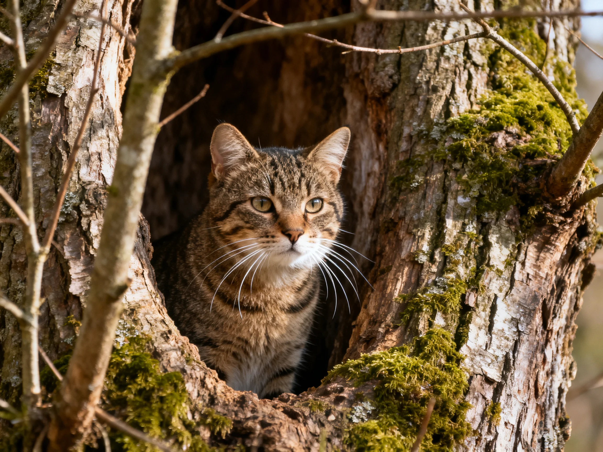 A tabby cat rests in a mossy tree hollow