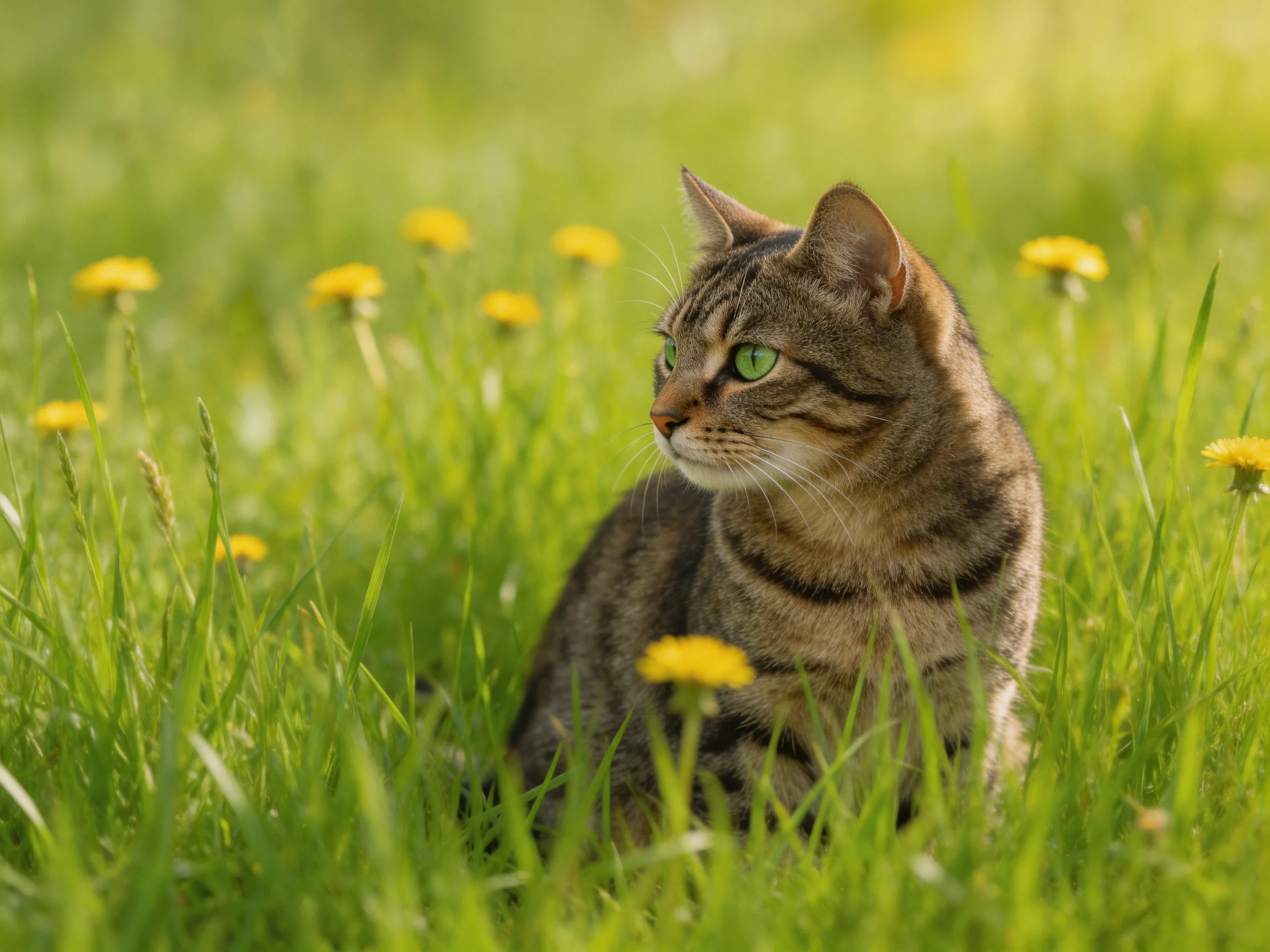 A tabby cat with green eyes rests in a field of tall green grass and yellow flowers