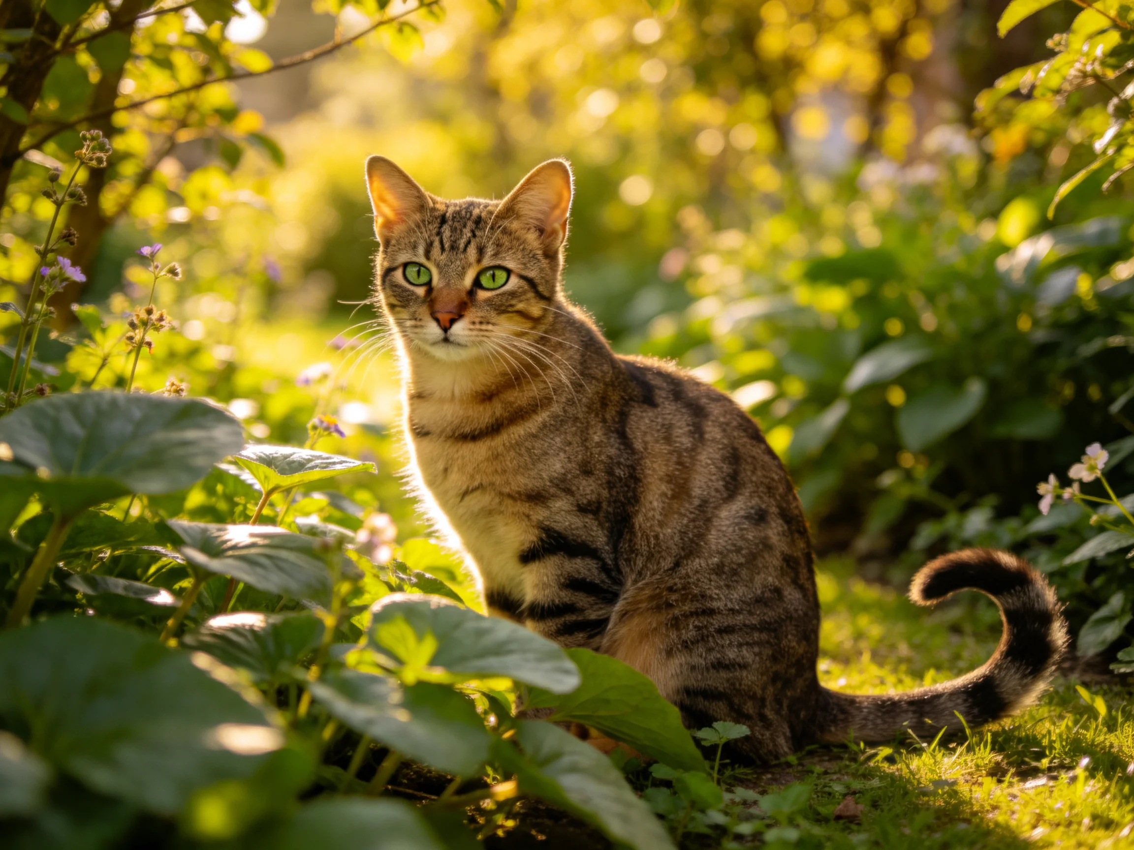 A tabby cat with green eyes rests in a sunlit garden of dense plants