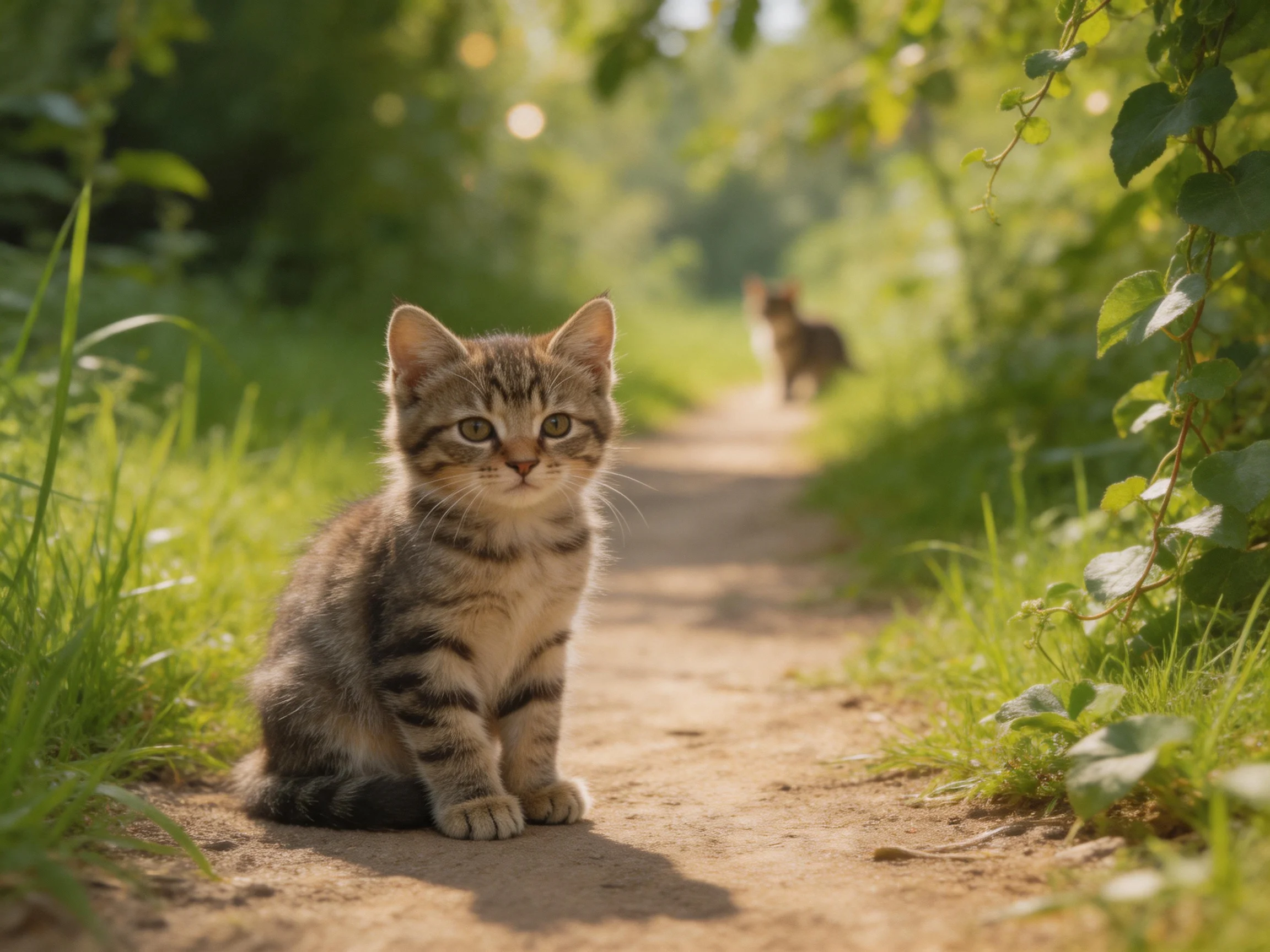 A tabby kitten sits on a sunlit dirt path with another cat in the distance.