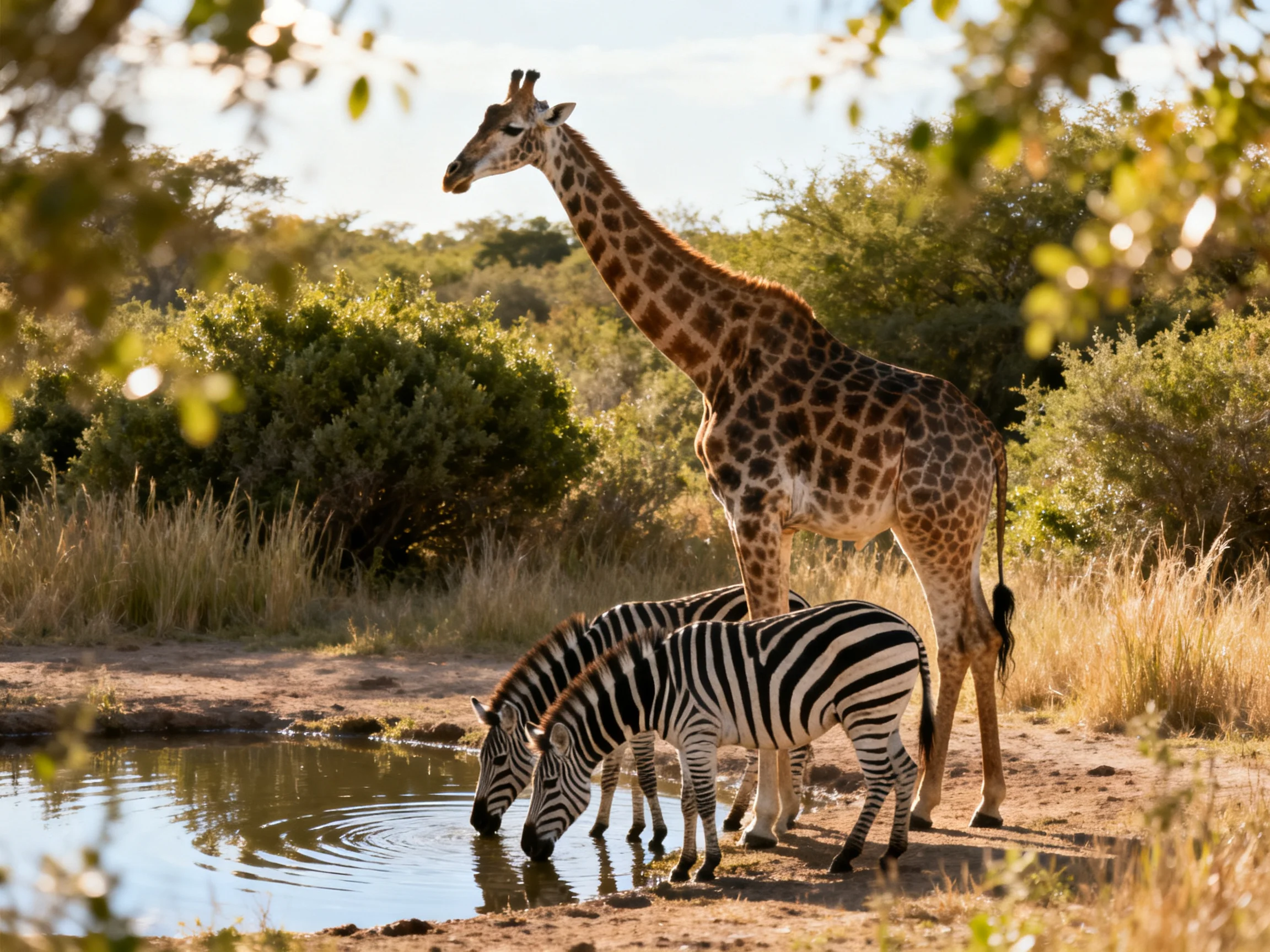 A giraffe stands beside zebras drinking at a watering hole in the savannah.