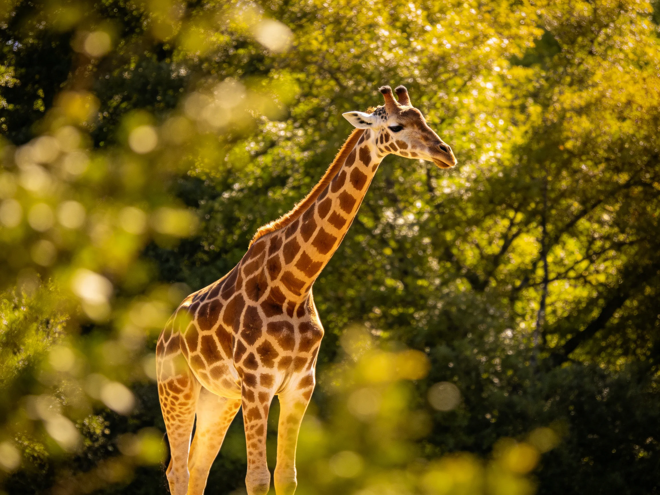 A giraffe stands among green trees bathed in warm sunlight.