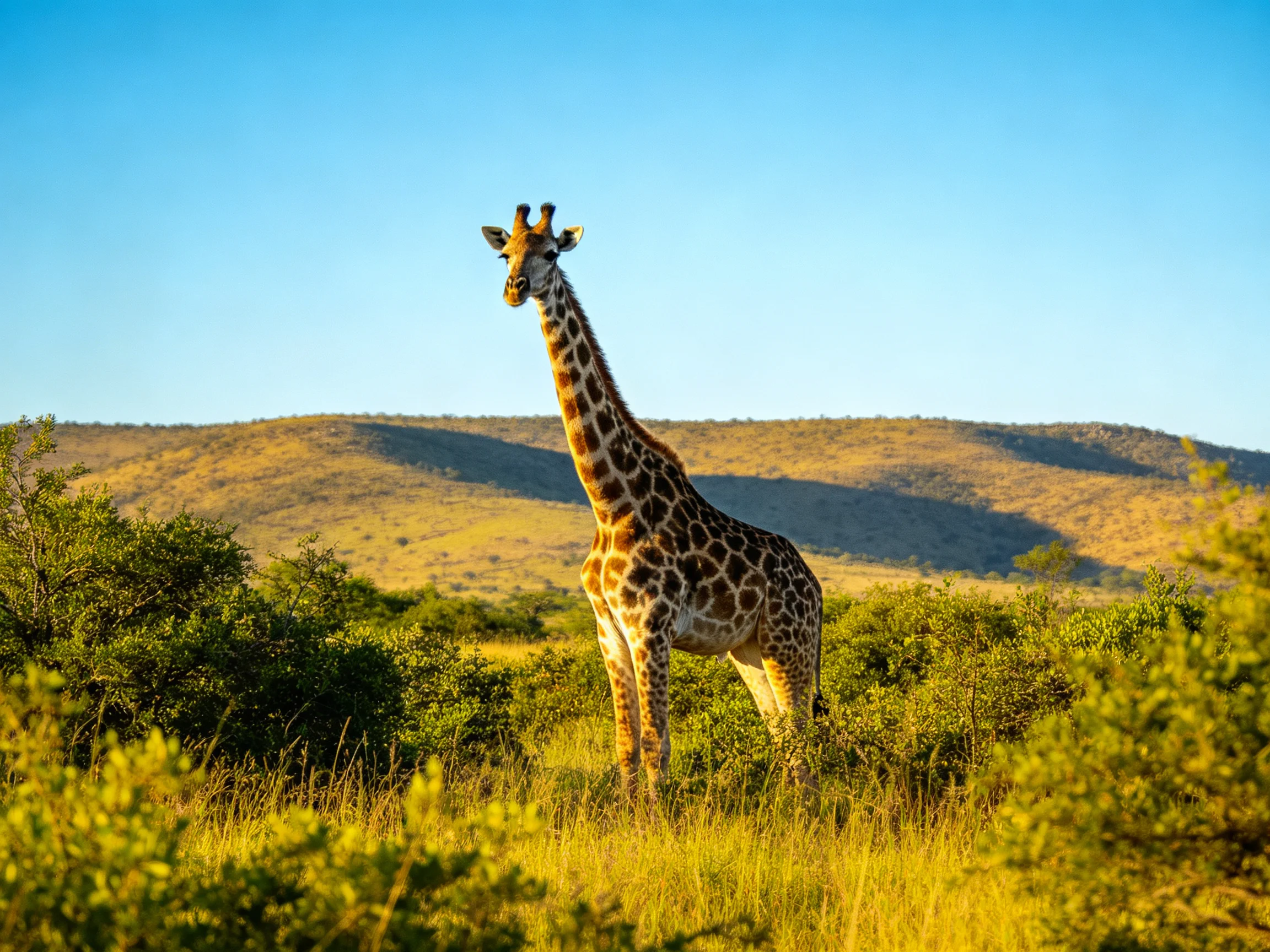 A tall giraffe stands among golden grasses and green bushes