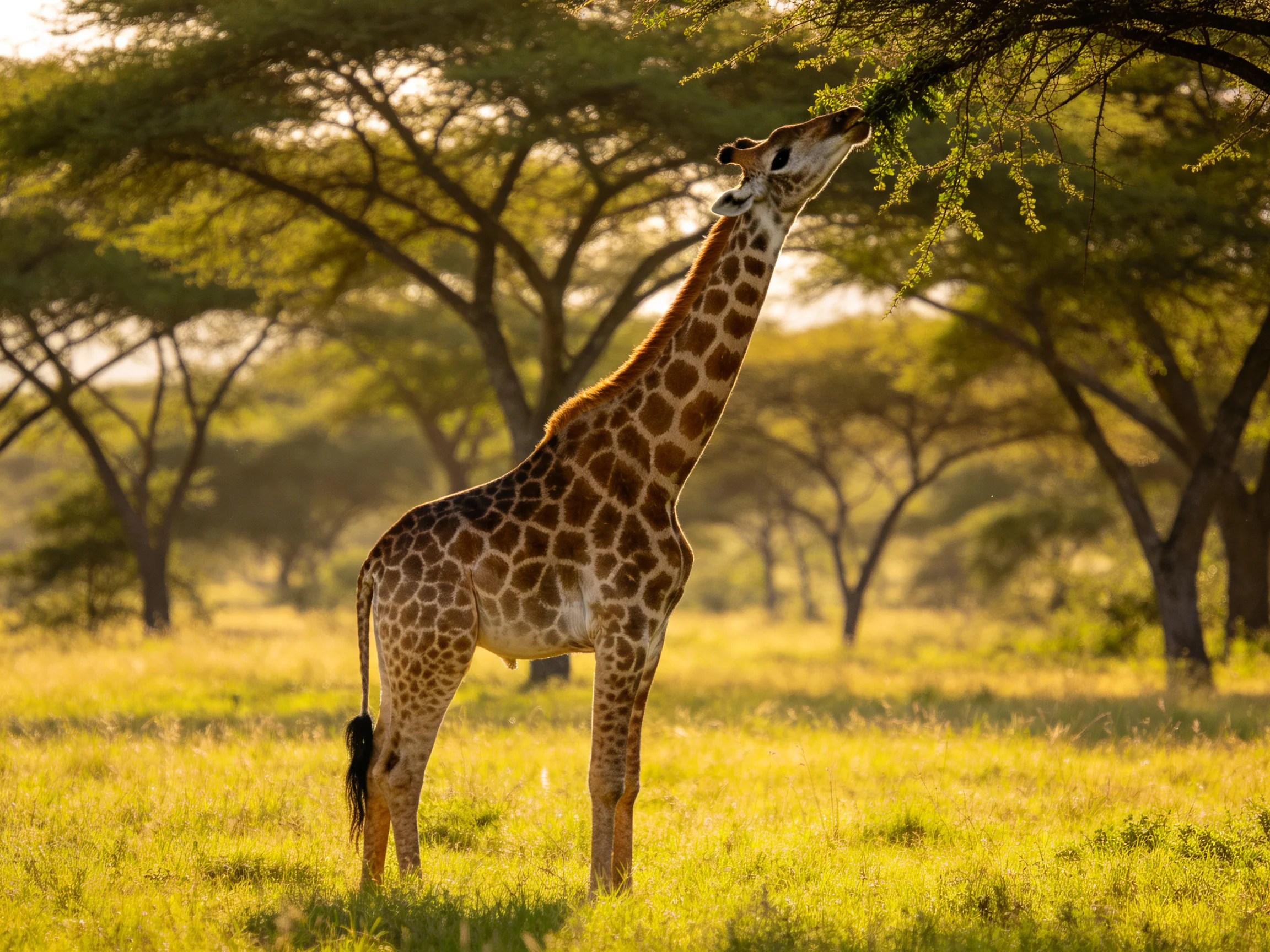 A tall giraffe with brown spots feeds on tree leaves in sunlit savannah