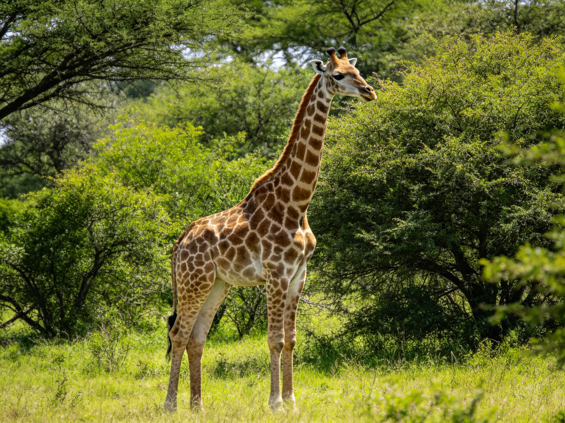 A tall giraffe with brown-spotted coat stands amid lush green foliage