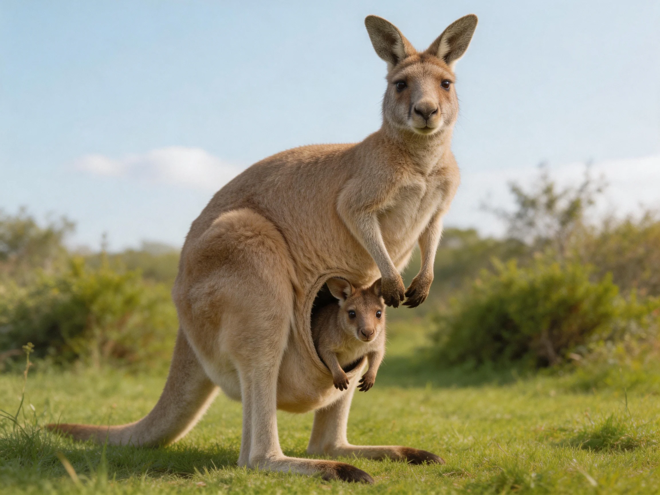 A tan adult kangaroo with a joey in its pouch stands on grass