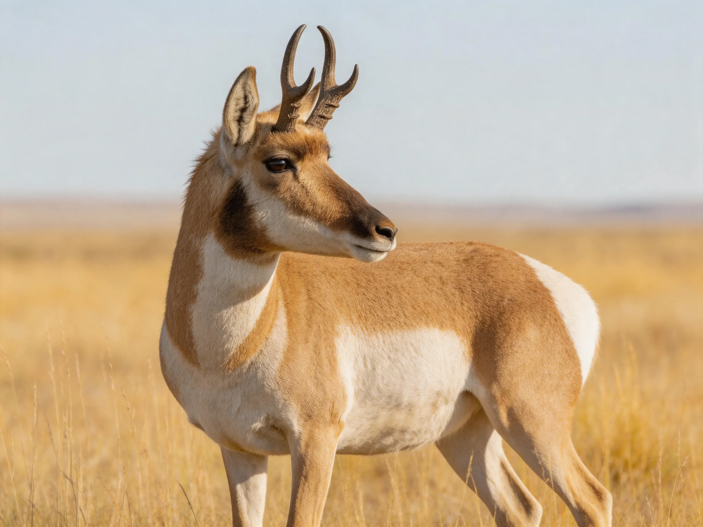 A tan and white antelope in golden grasslands