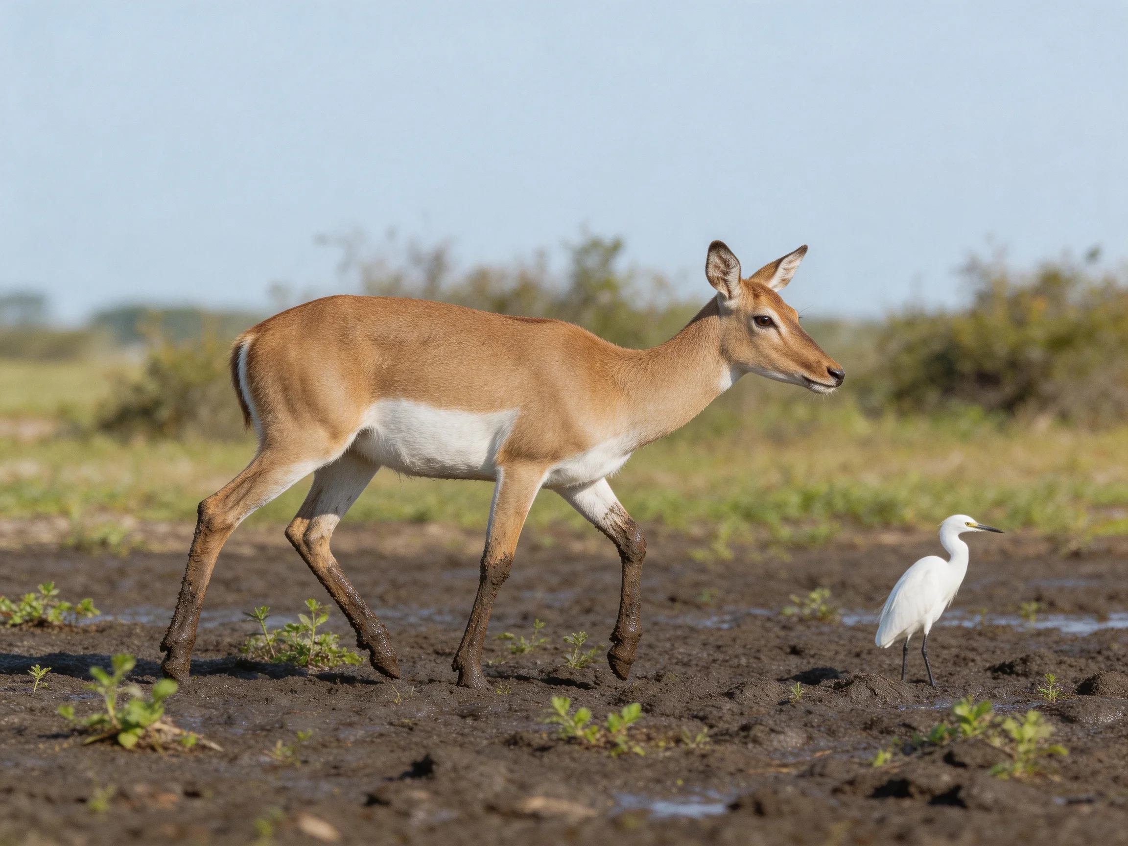 A tan antelope and a white egret walk in a muddy field
