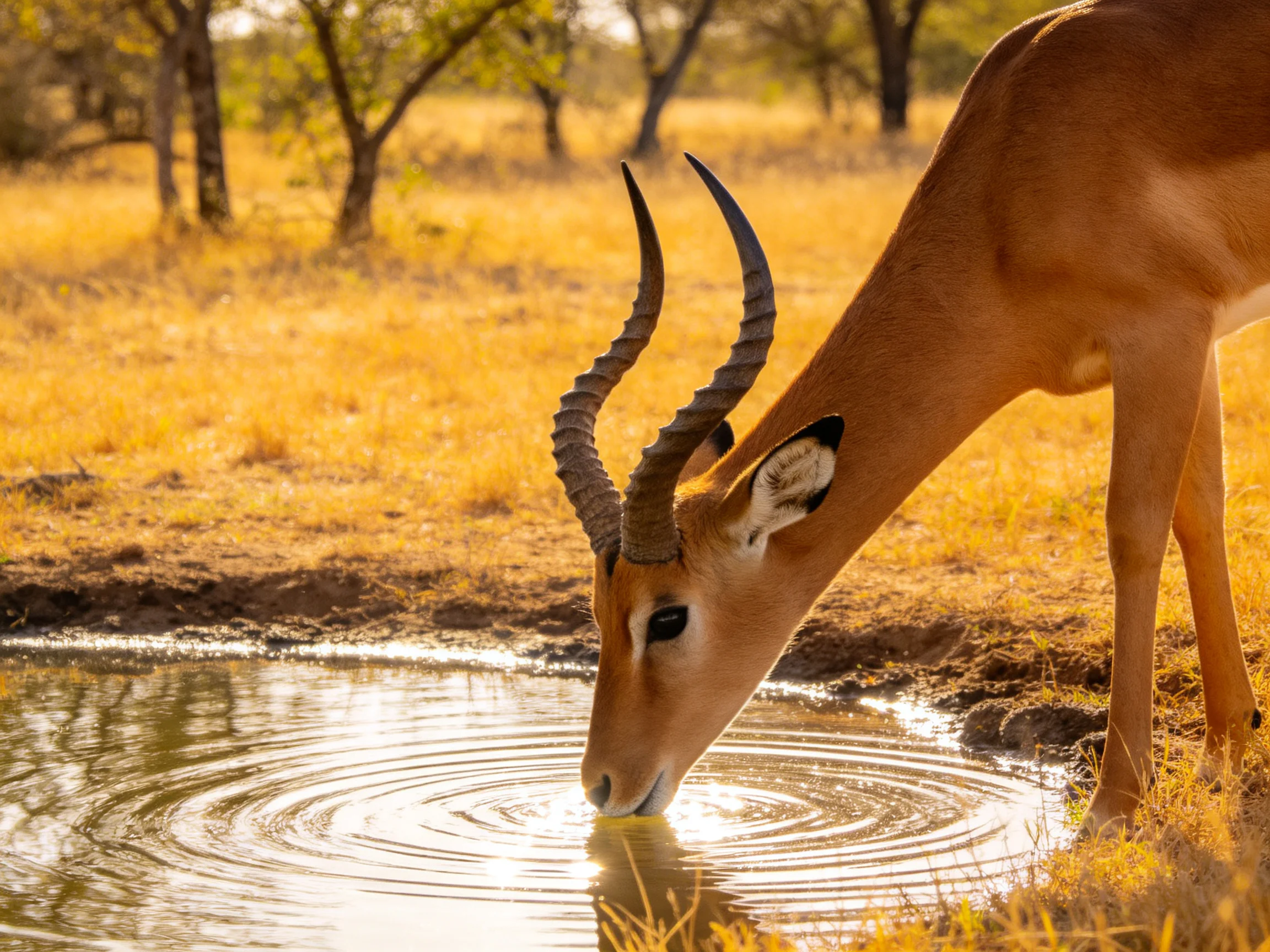 A tan antelope drinks from a golden savannah watering hole