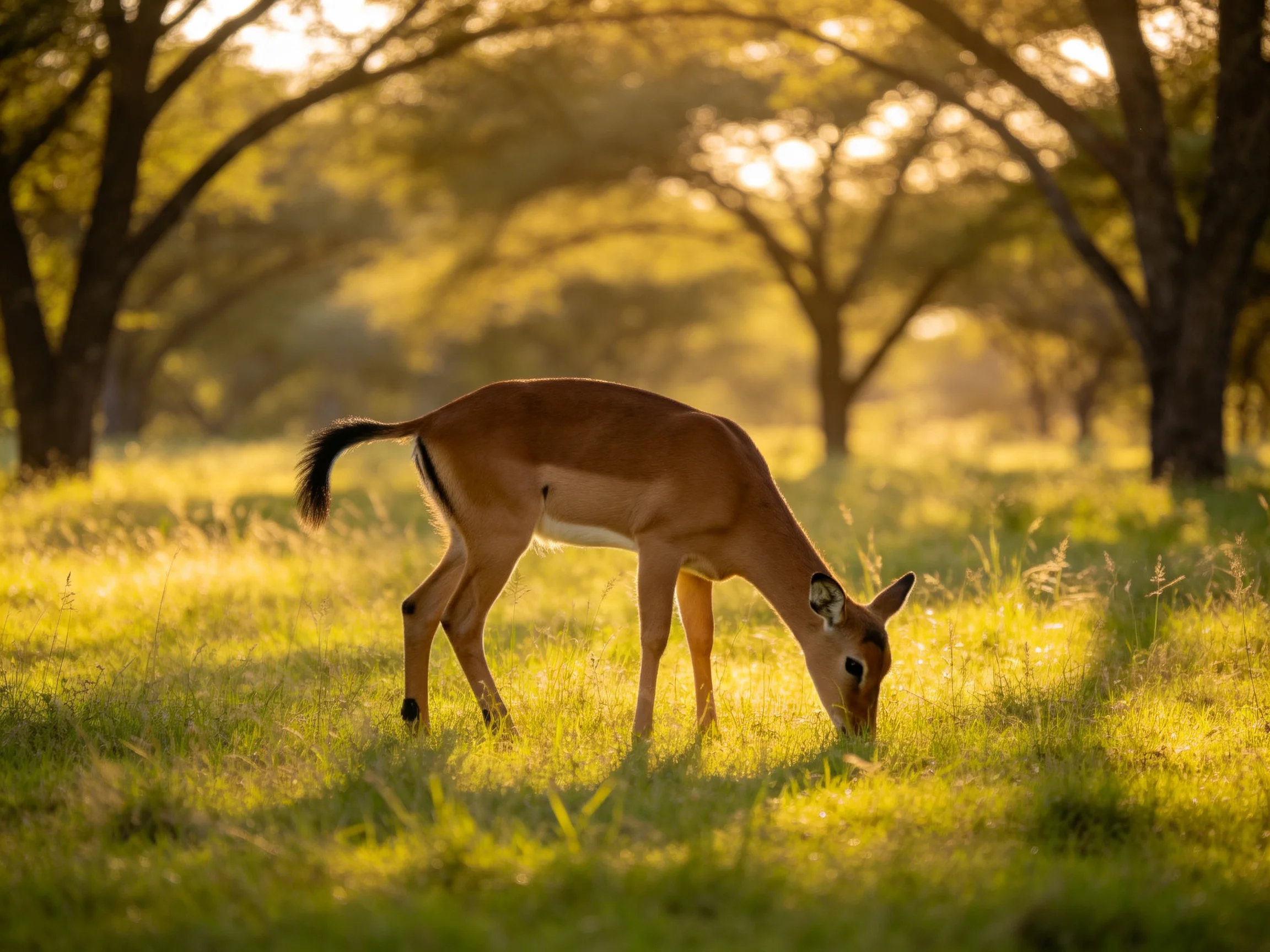 A tan antelope grazes in golden savannah grass near tall trees
