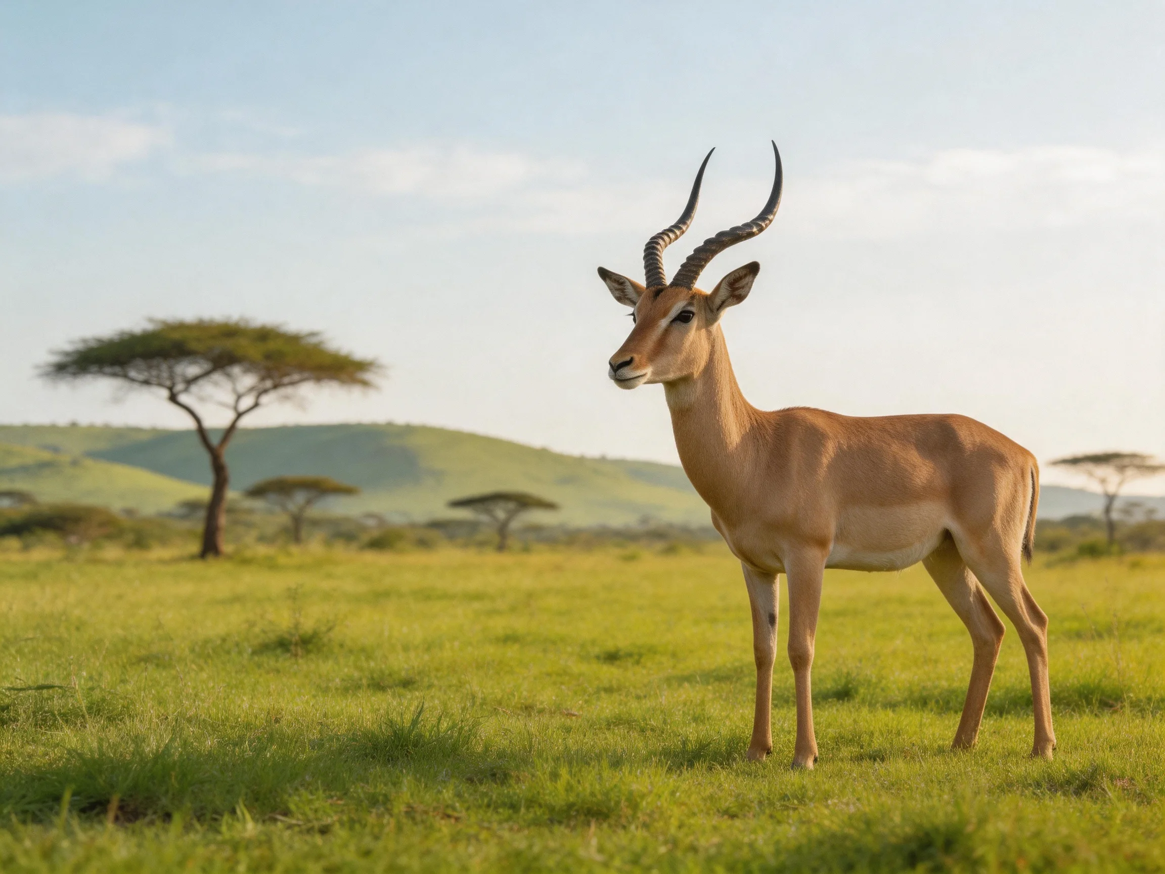 A tan antelope stands in a lush green savannah with distant hills