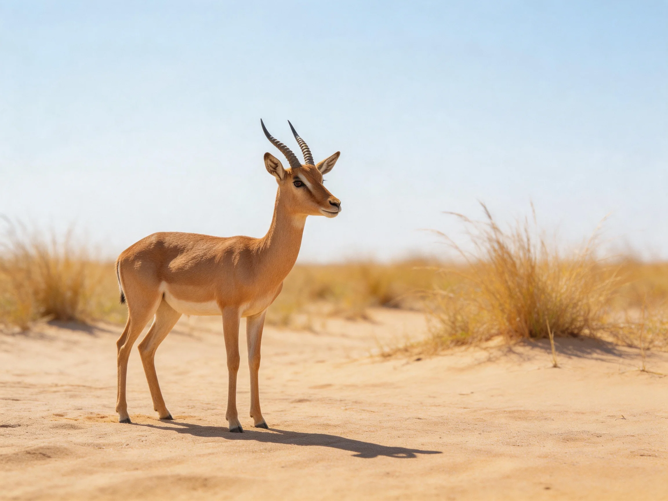 A tan antelope stands on sandy terrain with golden grasses