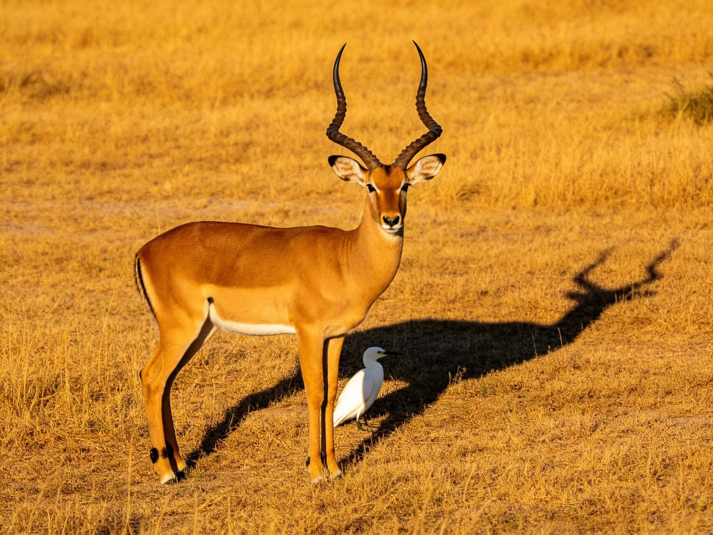 A tan antelope with curved horns stands near a white bird in golden savannah