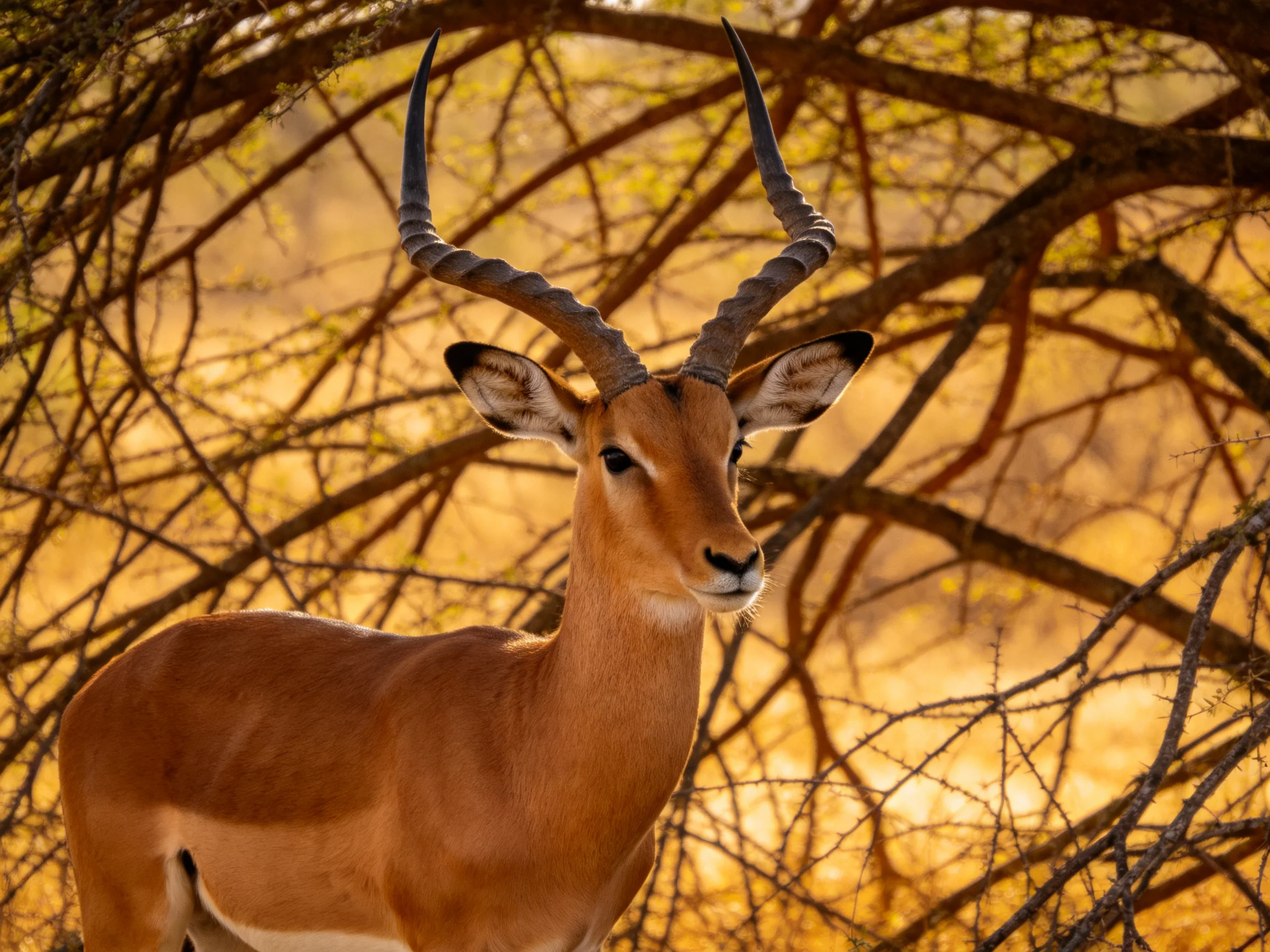 A tan antelope with large curved horns among golden branches