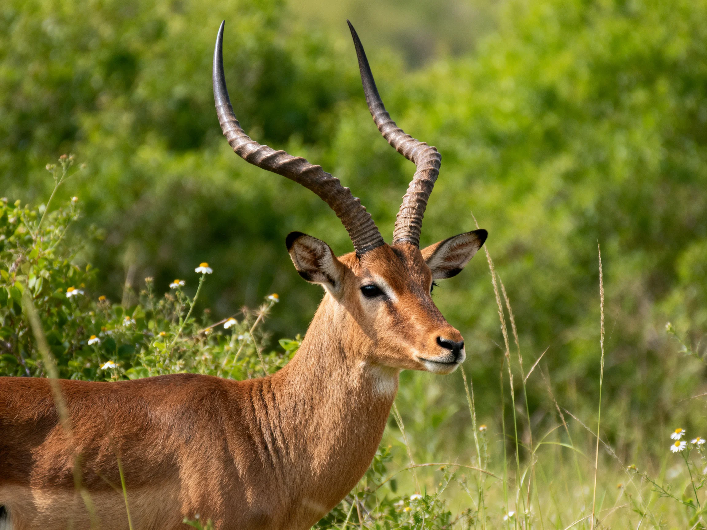 A tan antelope with large curved horns in greenery