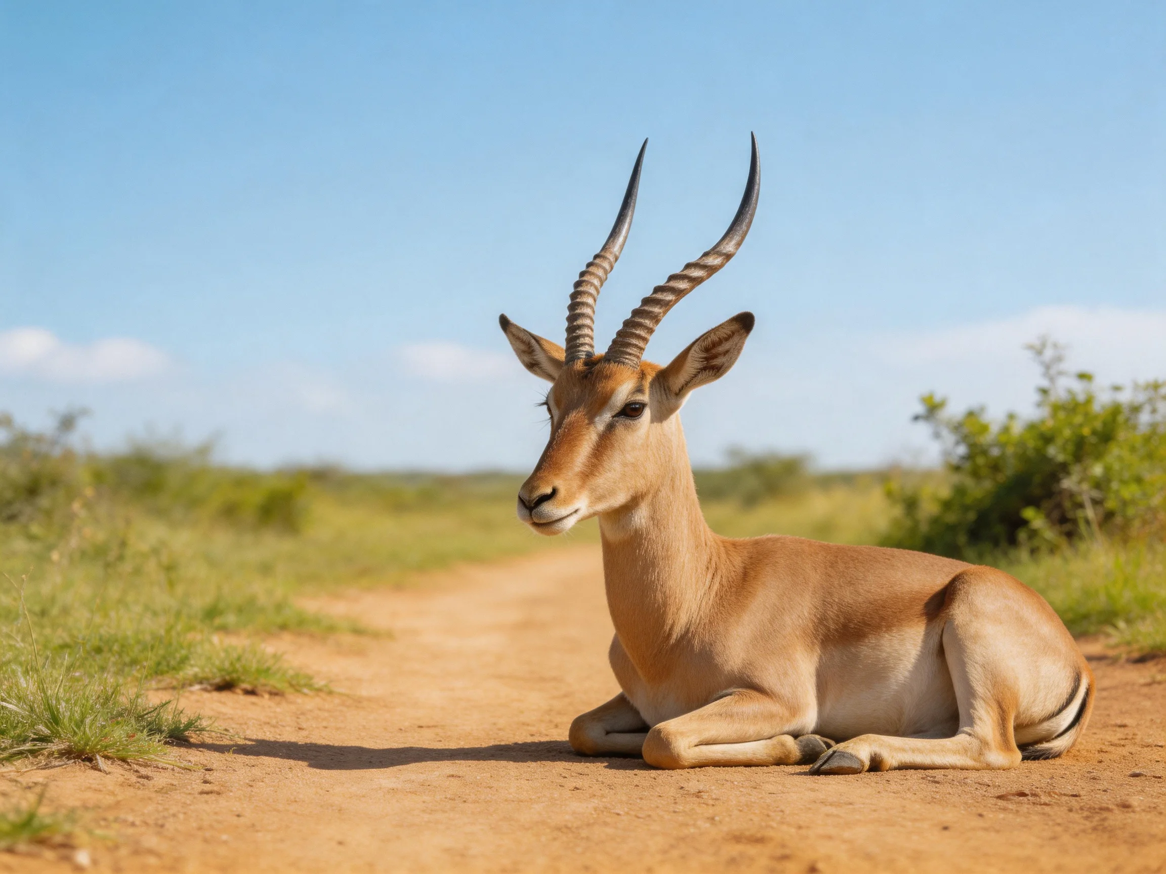 A tan antelope with spiraled horns rests on a dusty path