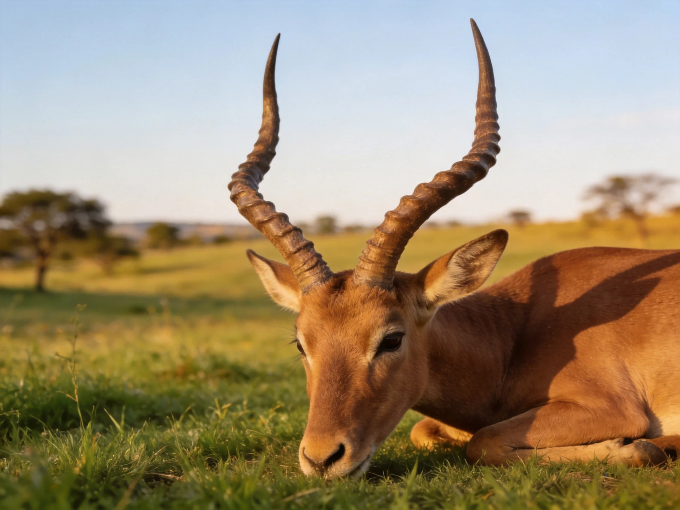 A tan antelope with twisted horns rests on grassy savannah