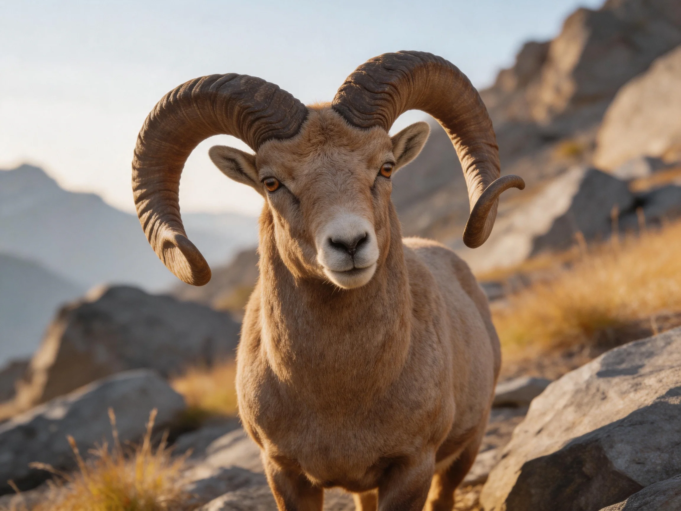 A tan bighorn sheep stands among rocks in a mountainous landscape.