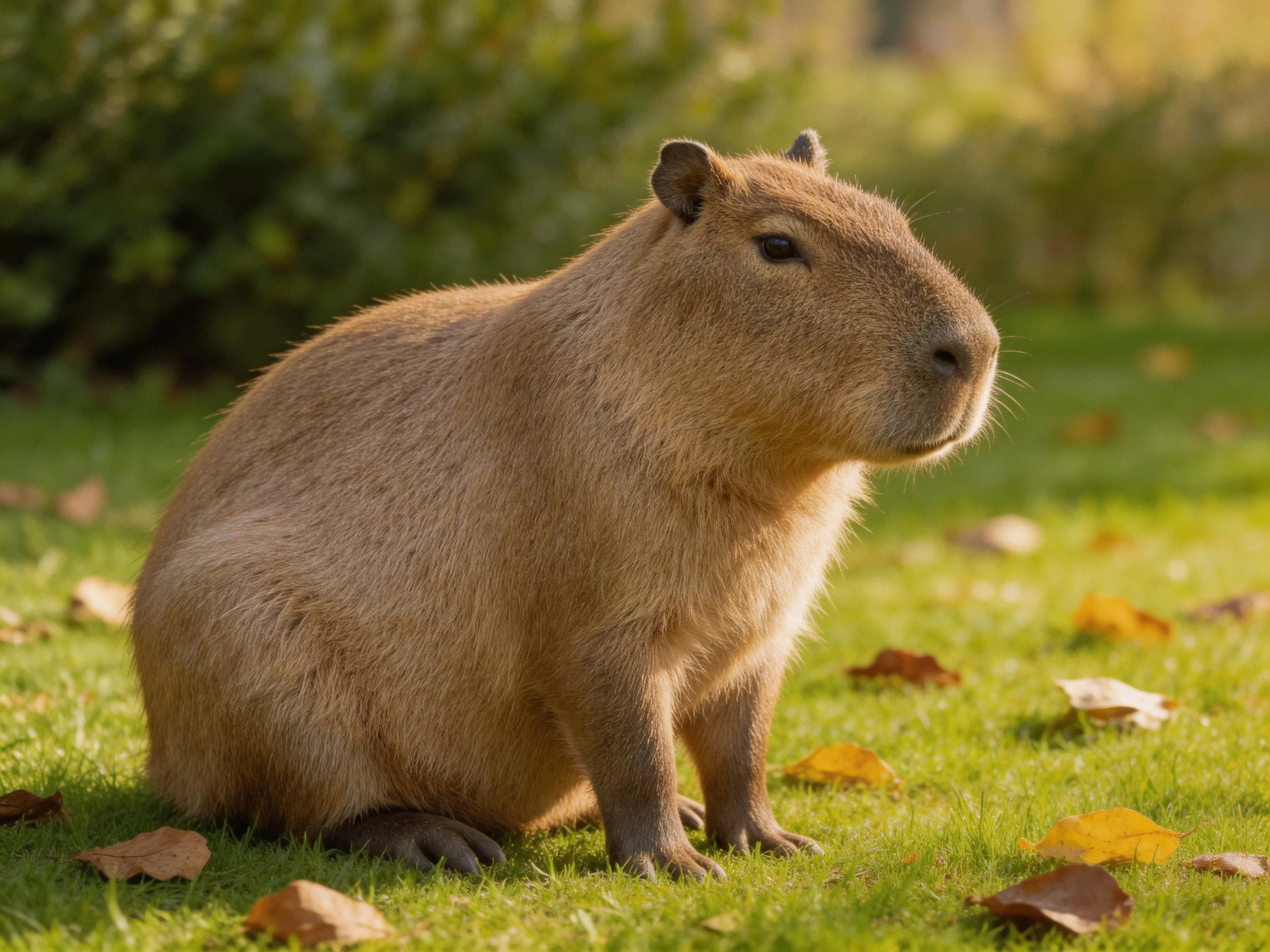 A tan capybara sits on green grass with scattered autumn leaves