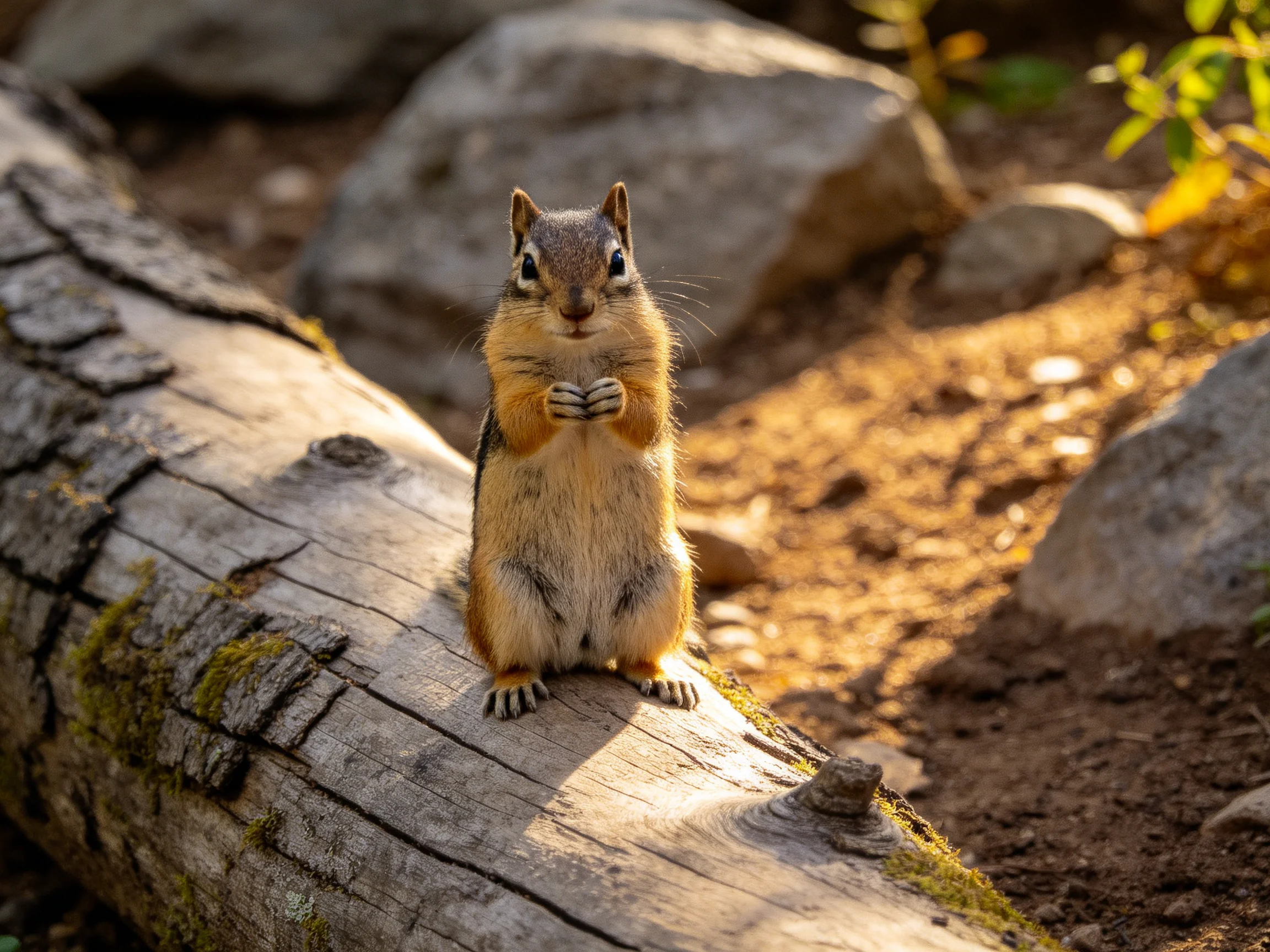 A tan chipmunk stands on a moss-covered fallen log near rocks