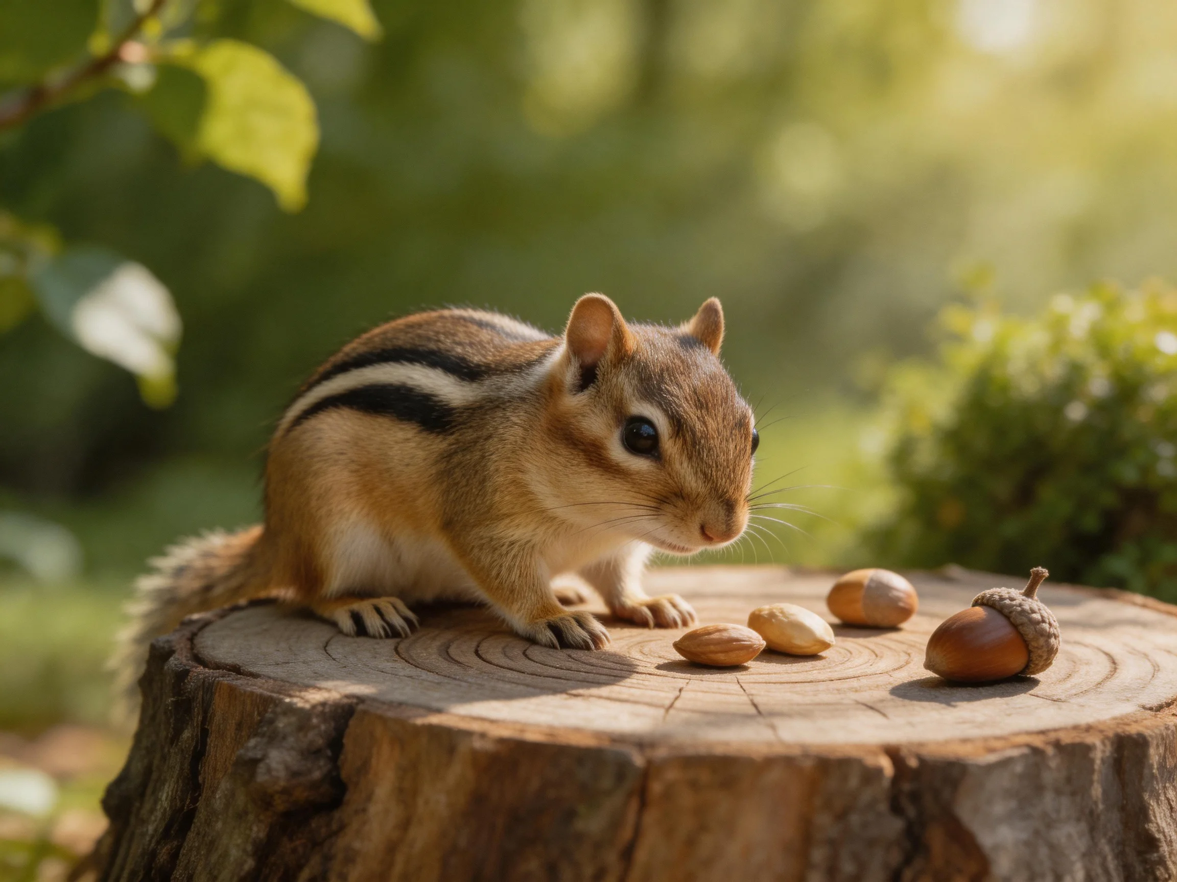 A tan chipmunk with black stripes sits on a treestump with nuts and acorns
