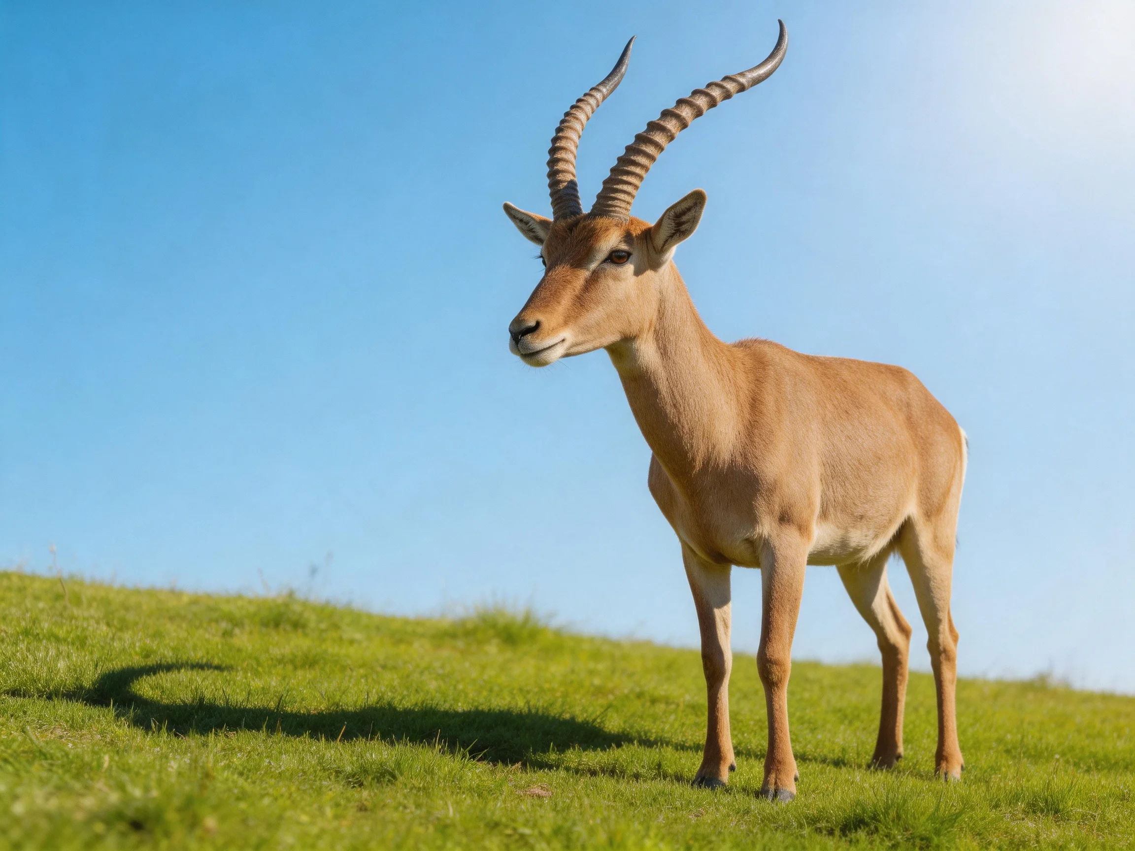 A tan antelope with curved horns stands on a grassy hill beneath a clear blue sky.