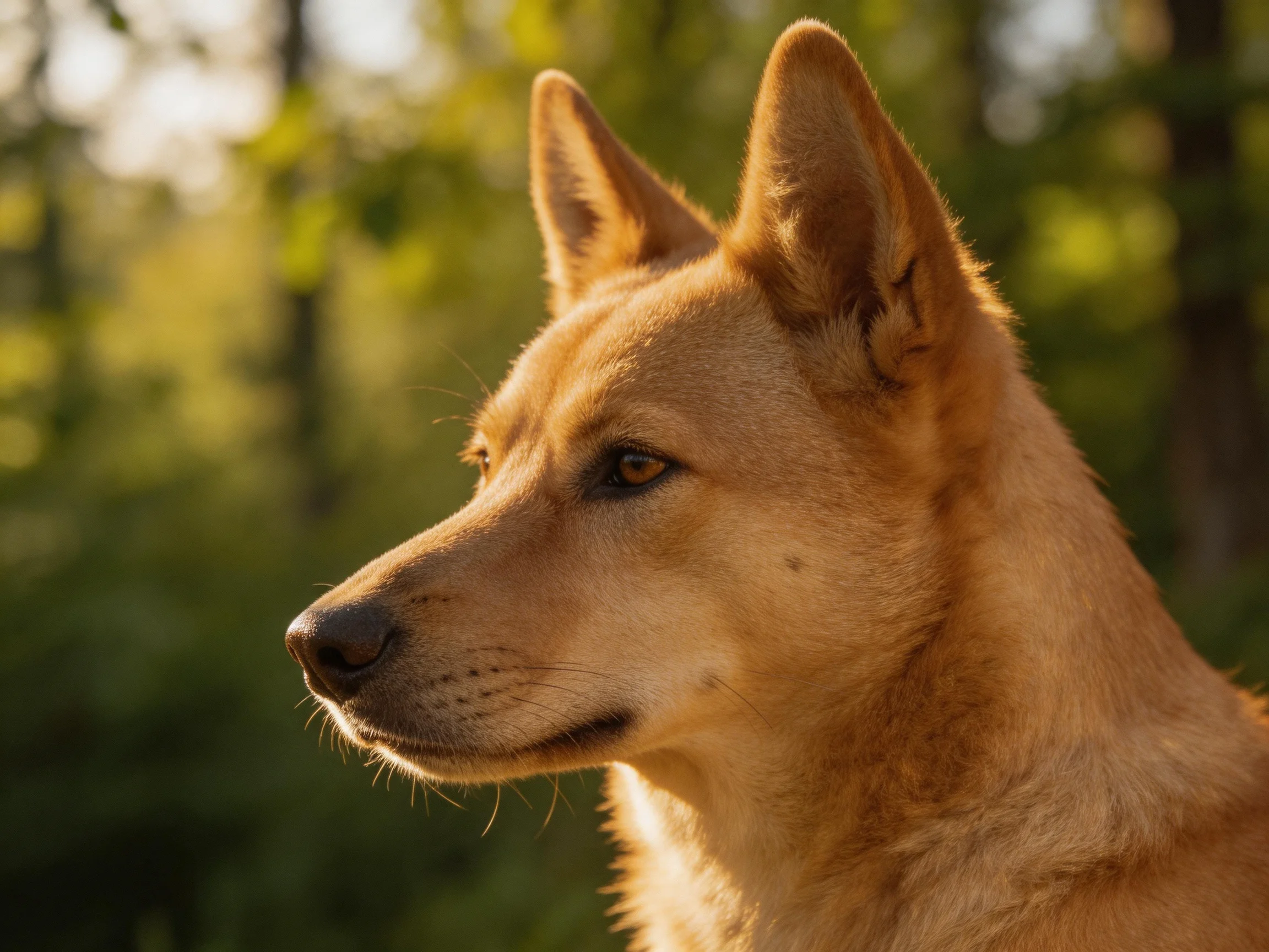 A tan-coated dog with upright ears in a sunlit forest