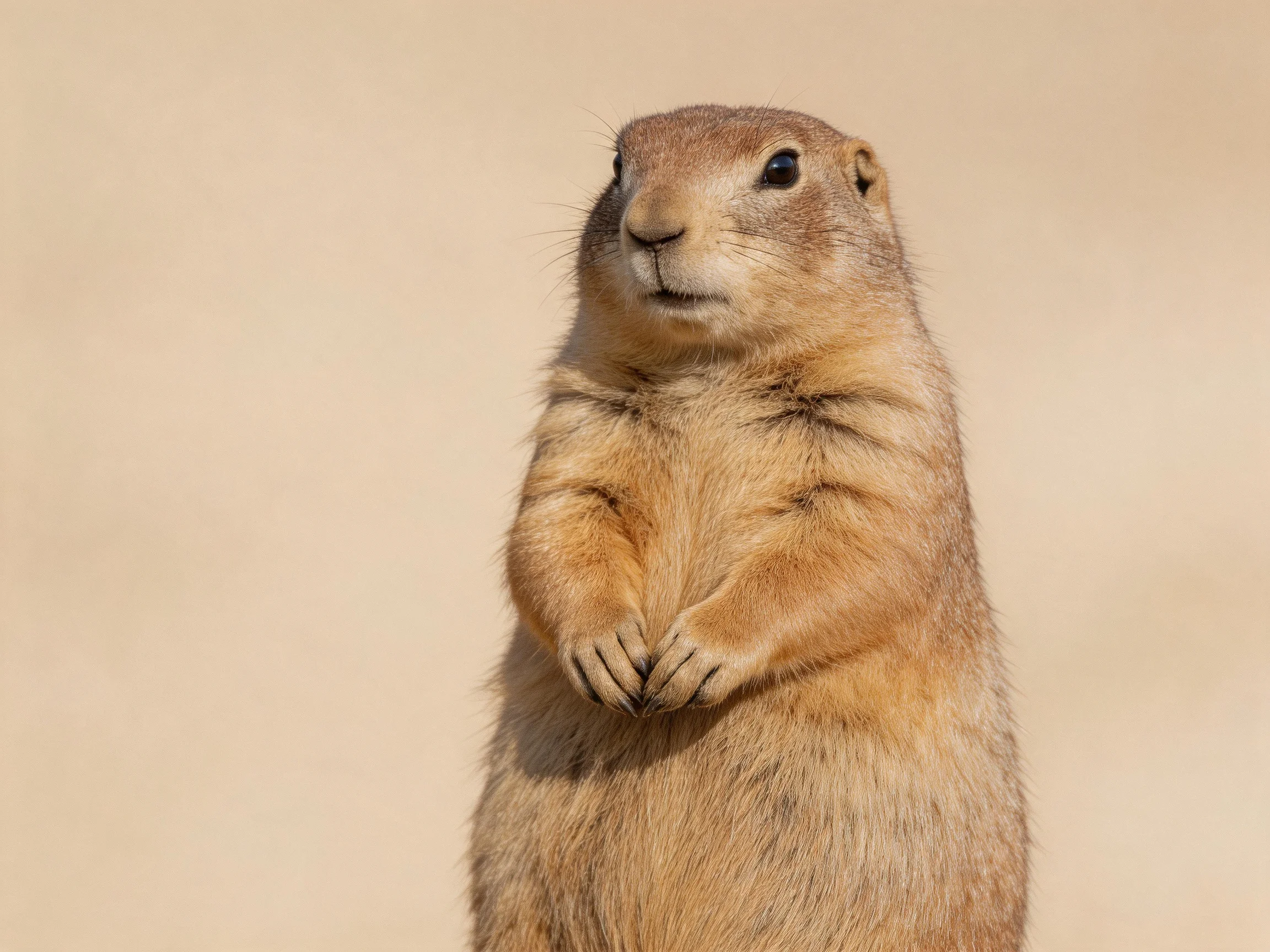 A tan-colored prairie dog stands alert against a neutral backdrop
