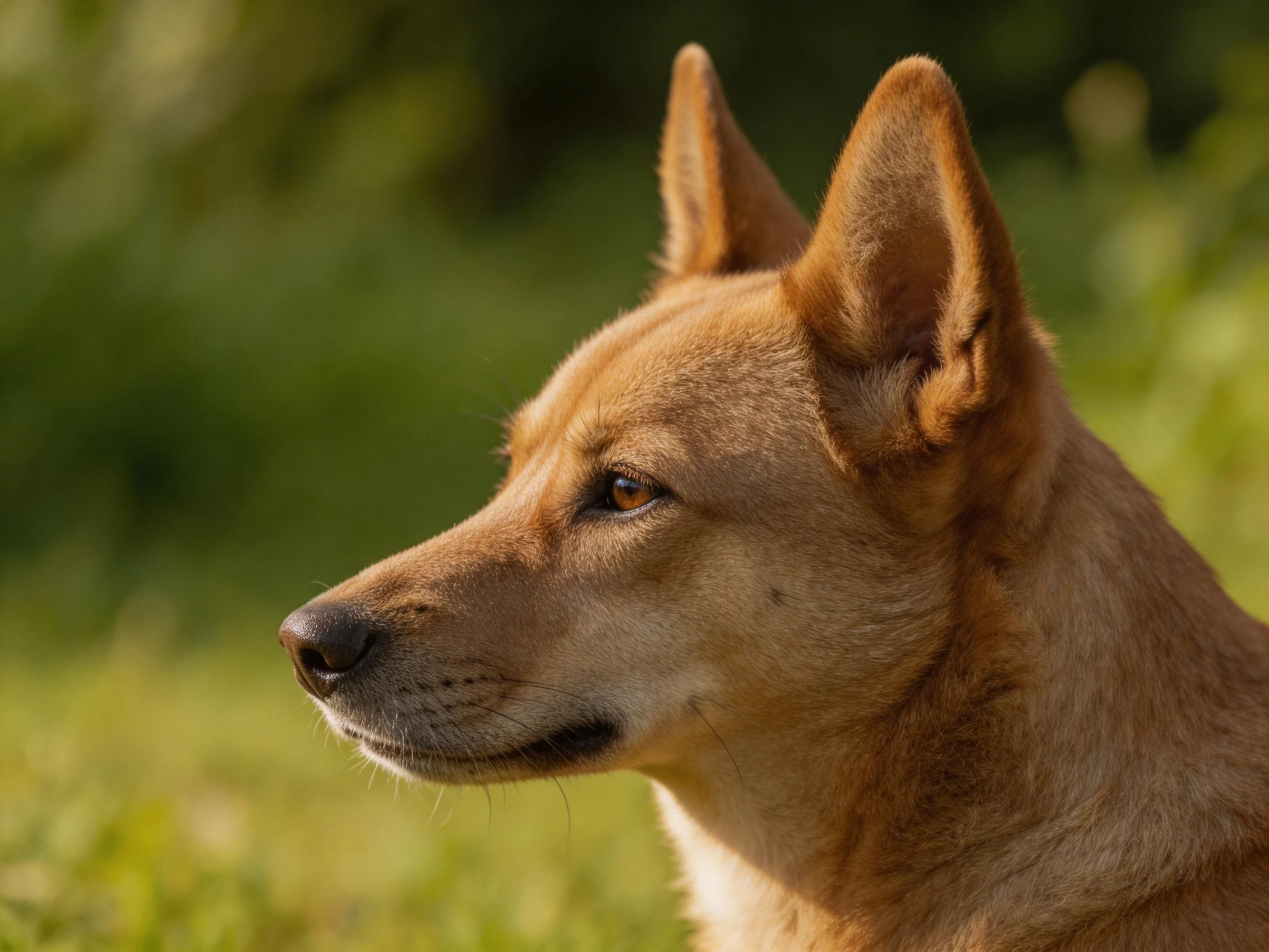 A tan-colored wild dog with upright ears gazes into the distance
