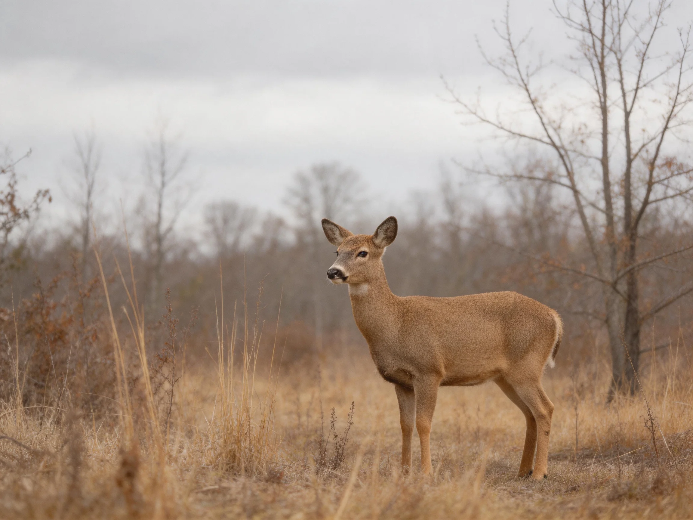 A tan deer in a dry grassy field with bare trees