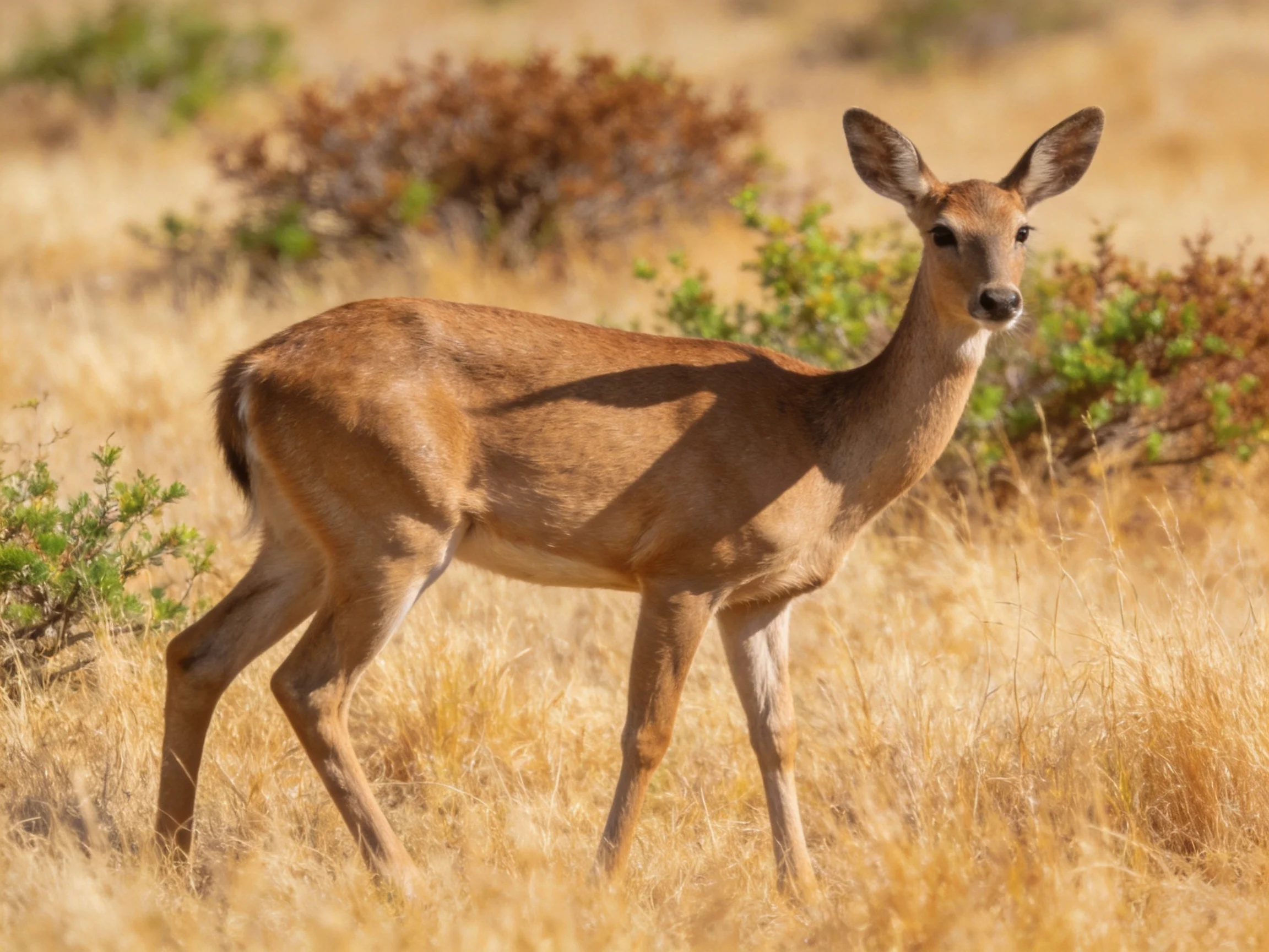 A tan deer in golden grassland with green bushes
