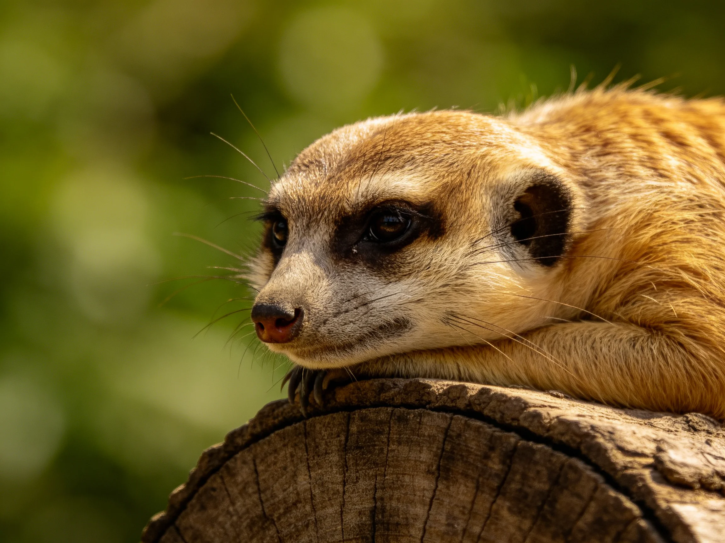 A tan-furred meerkat rests on a weathered wooden stump