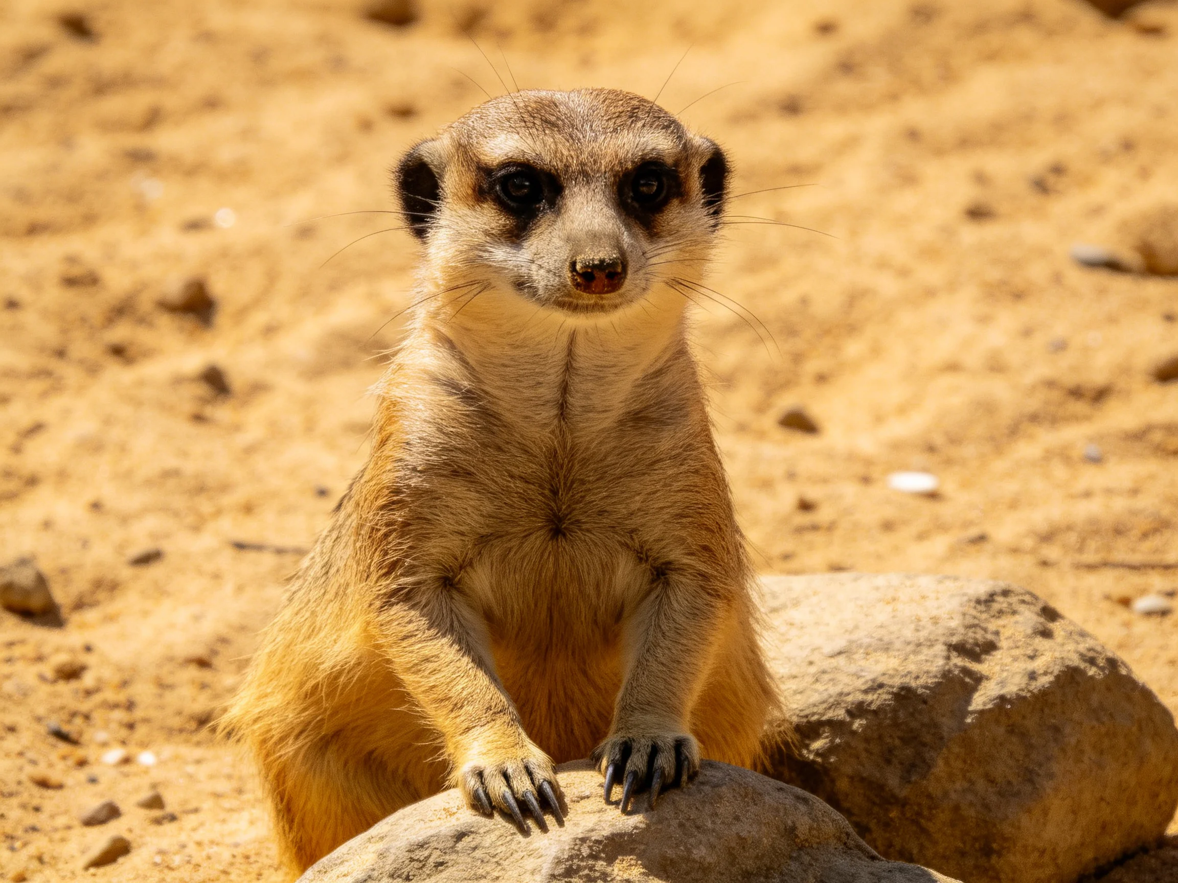A tan-furred meerkat sits alertly on a rocky surface amid sandy terrain
