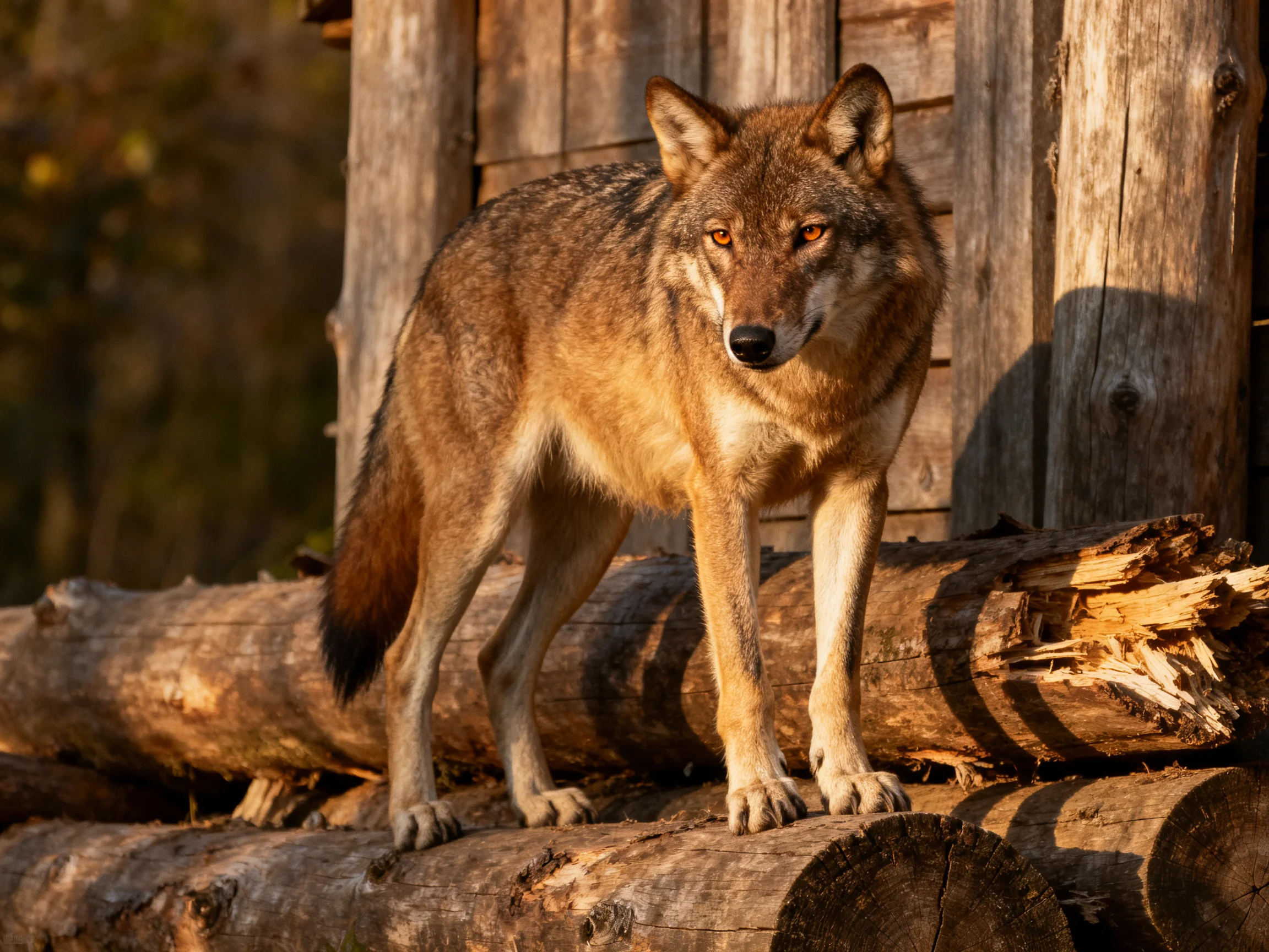 A tan-furred wild canine stands on weathered logs near a wooden structure