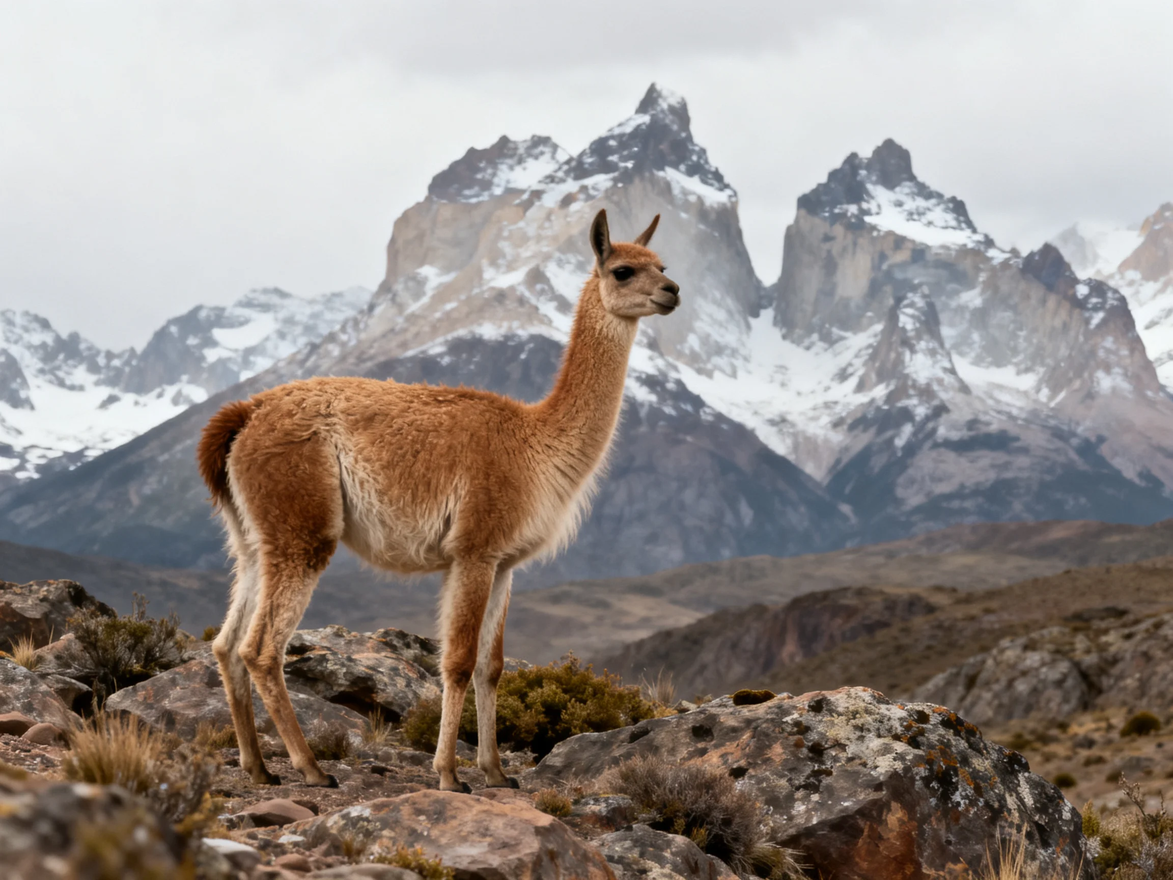 A tan guanaco stands on rocky terrain with snow-capped mountains